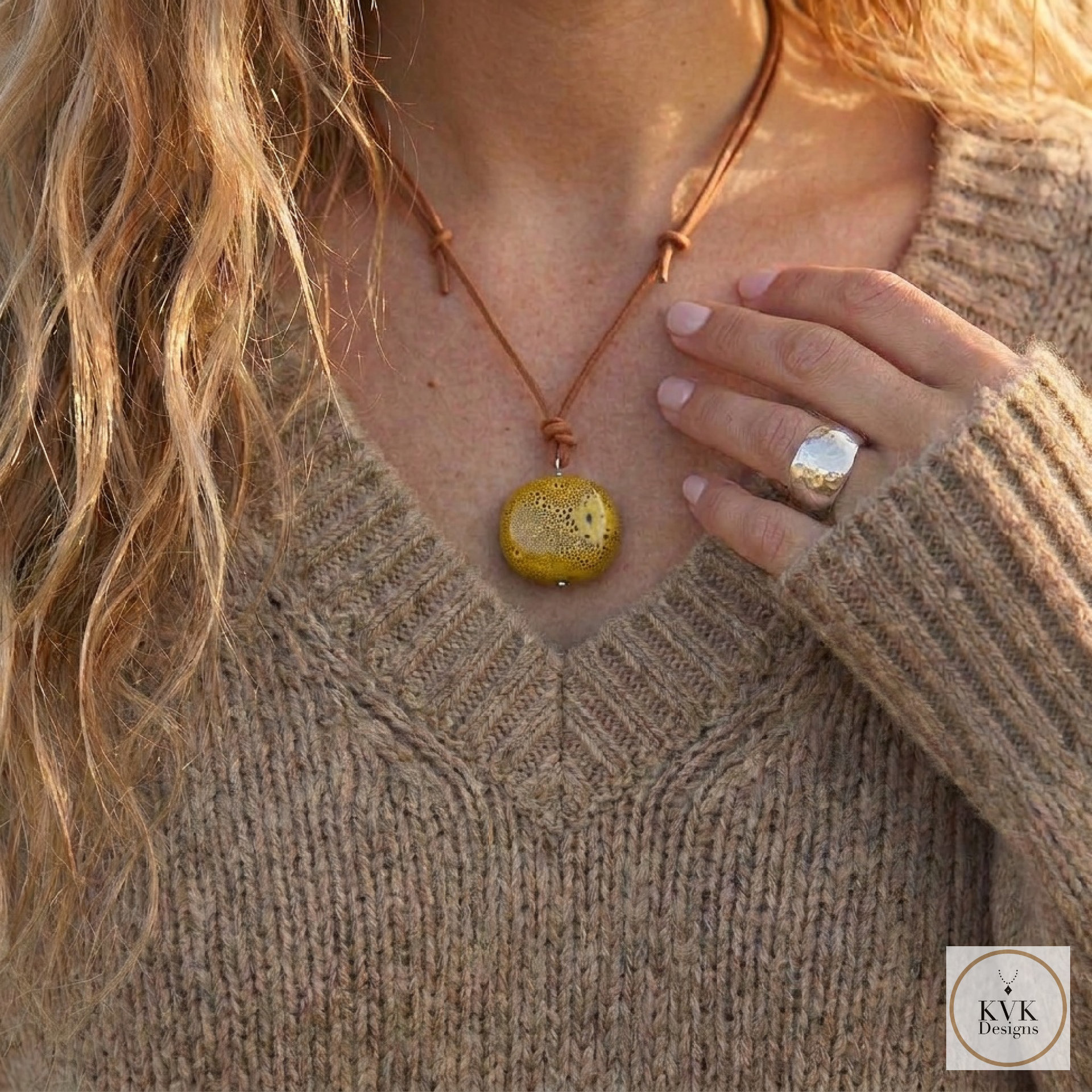 Adjustable 30" Tan Leather and Ceramic Bead Necklace - Boho Chic Statement Pendant