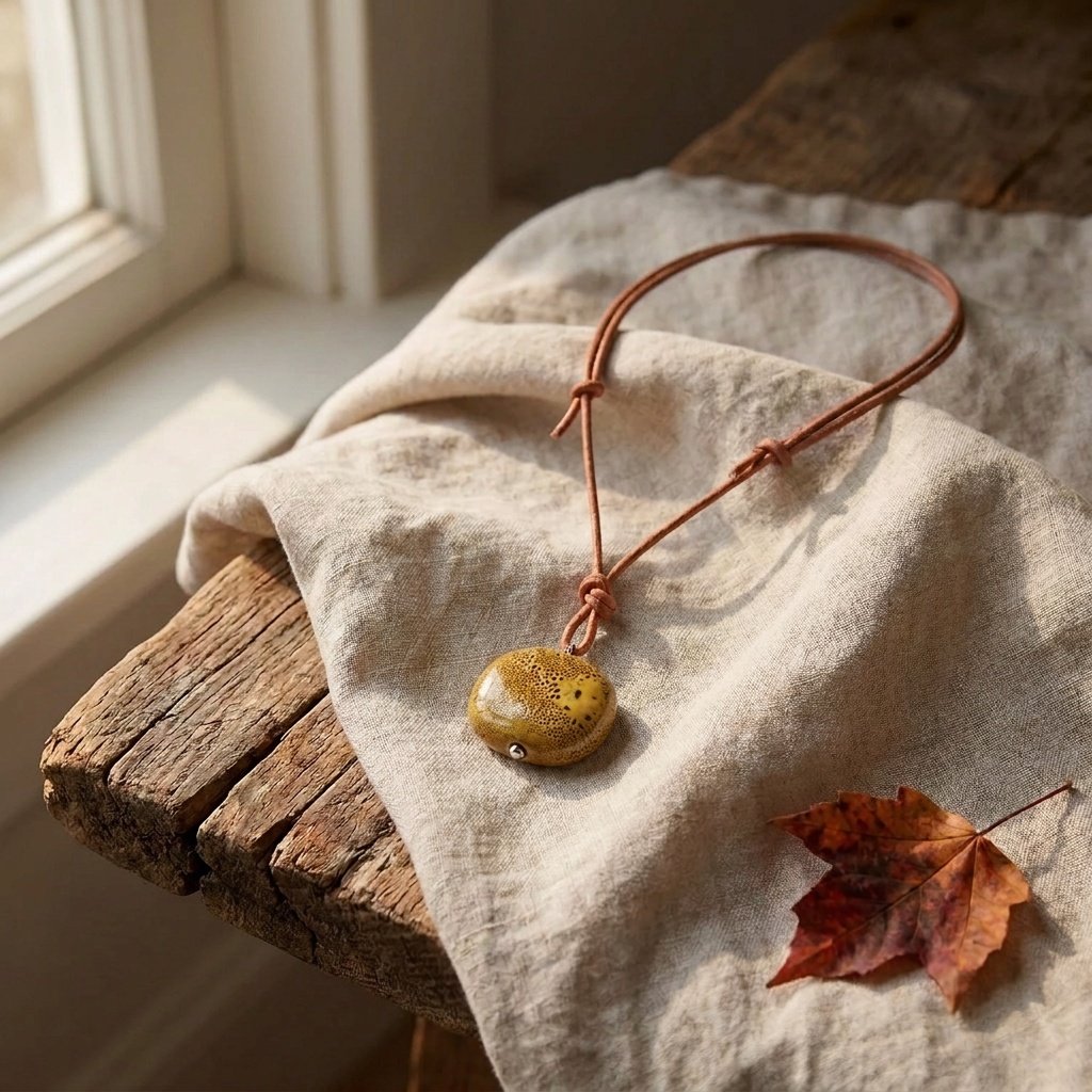 Adjustable 30" Tan Leather and Ceramic Bead Necklace - Boho Chic Statement Pendant