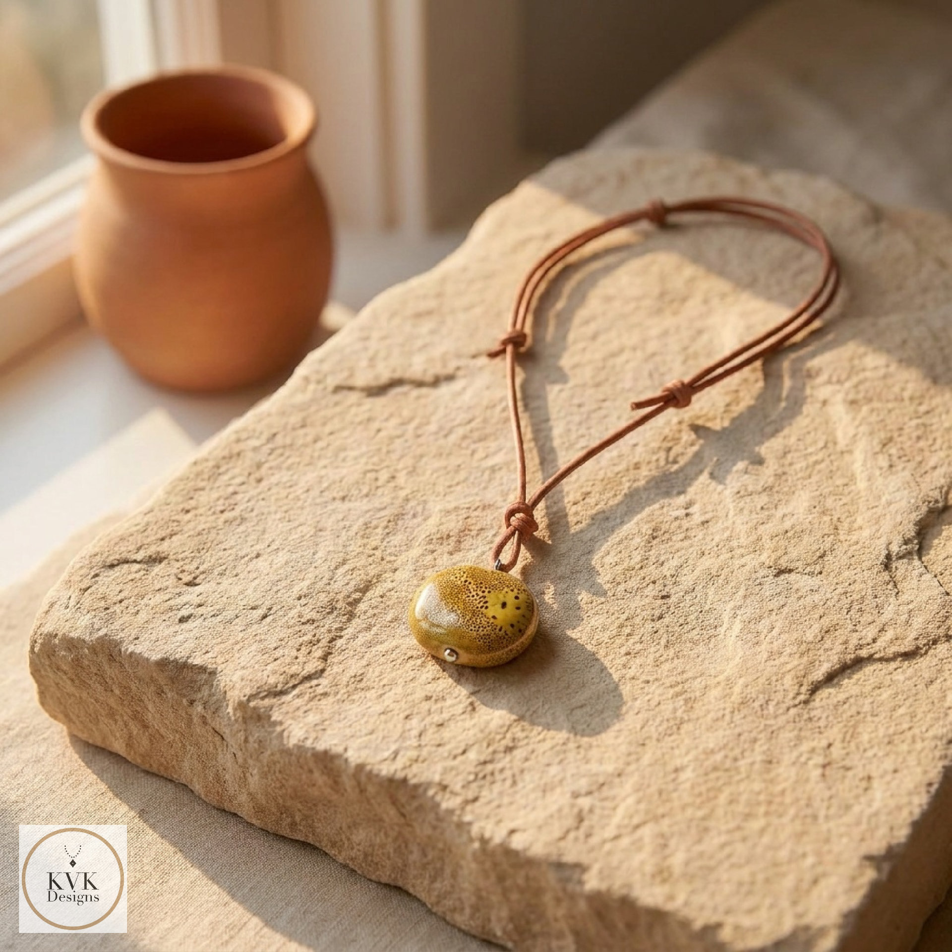 Adjustable 30" Tan Leather and Ceramic Bead Necklace - Boho Chic Statement Pendant