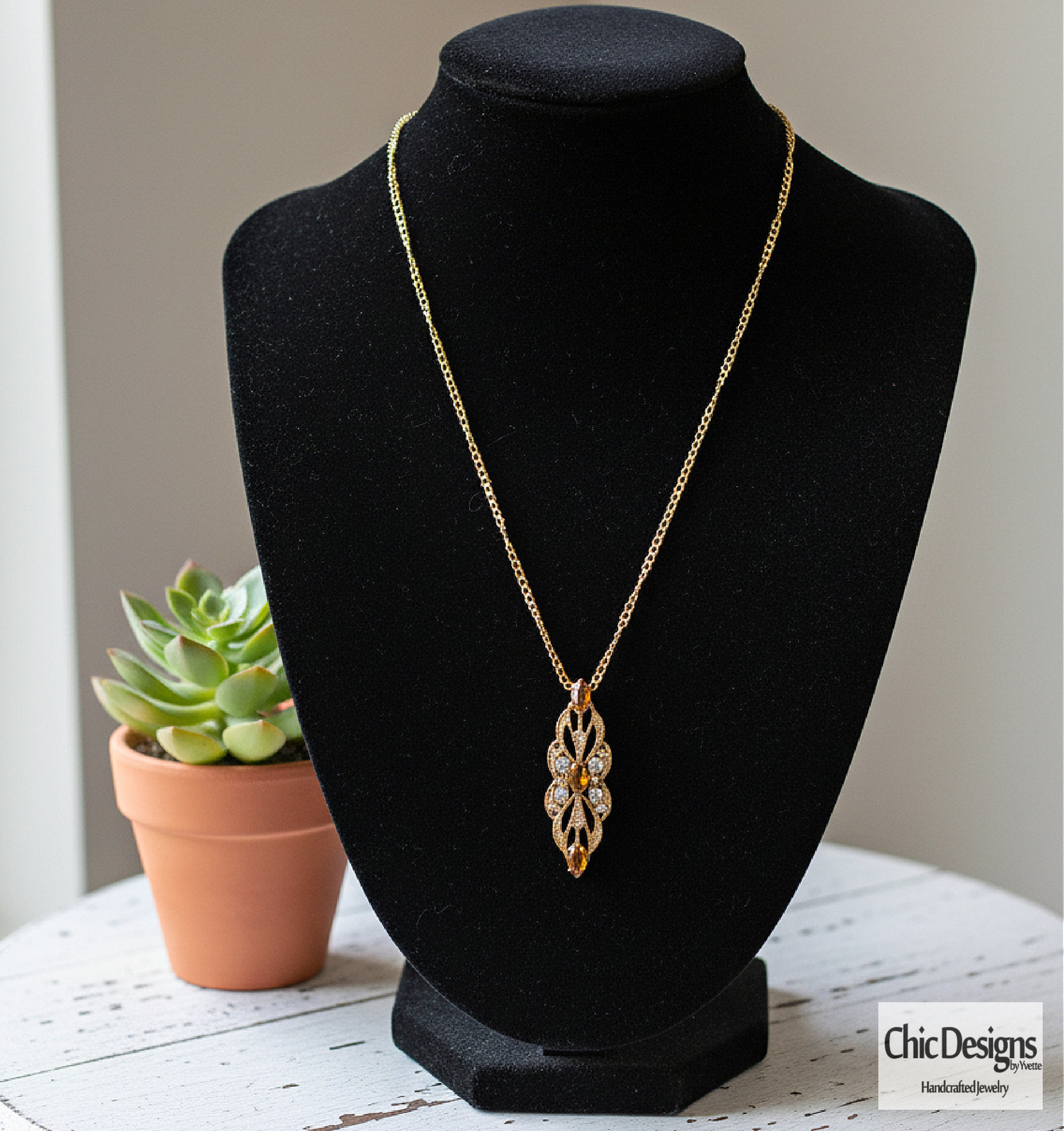 Amber Swarovski Rhinestone Filigree Pendant Necklace