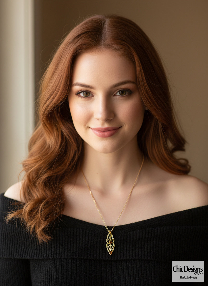 Amber Swarovski Rhinestone Filigree Pendant Necklace