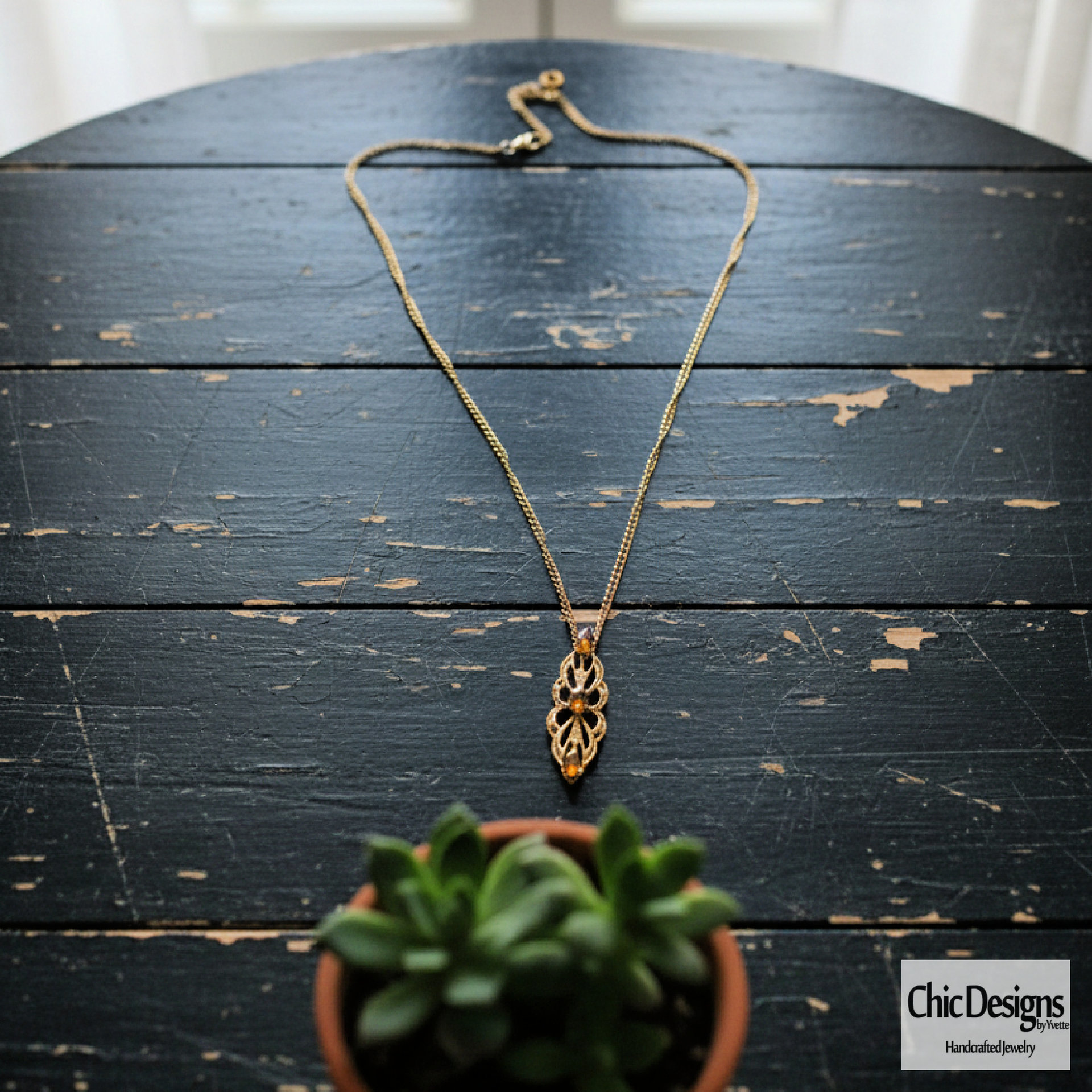 Amber Swarovski Rhinestone Filigree Pendant Necklace