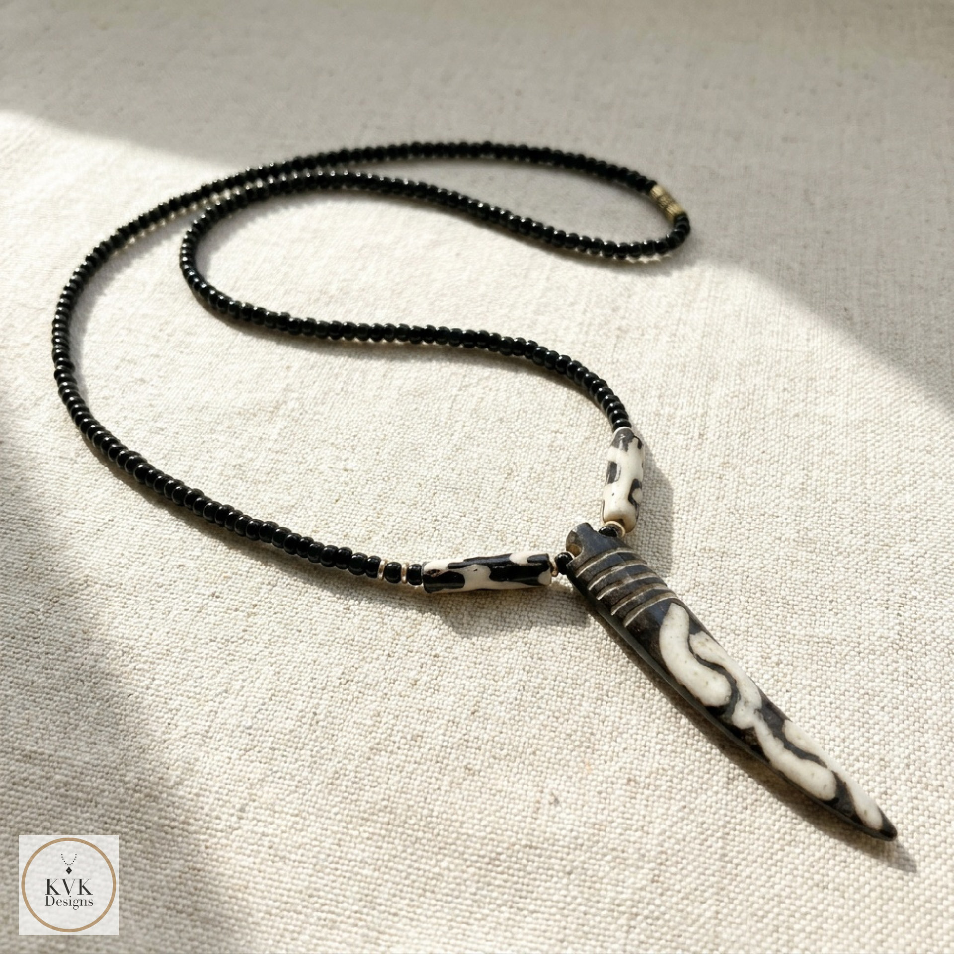 Batik Bone Tooth Pendant on Beaded Chain