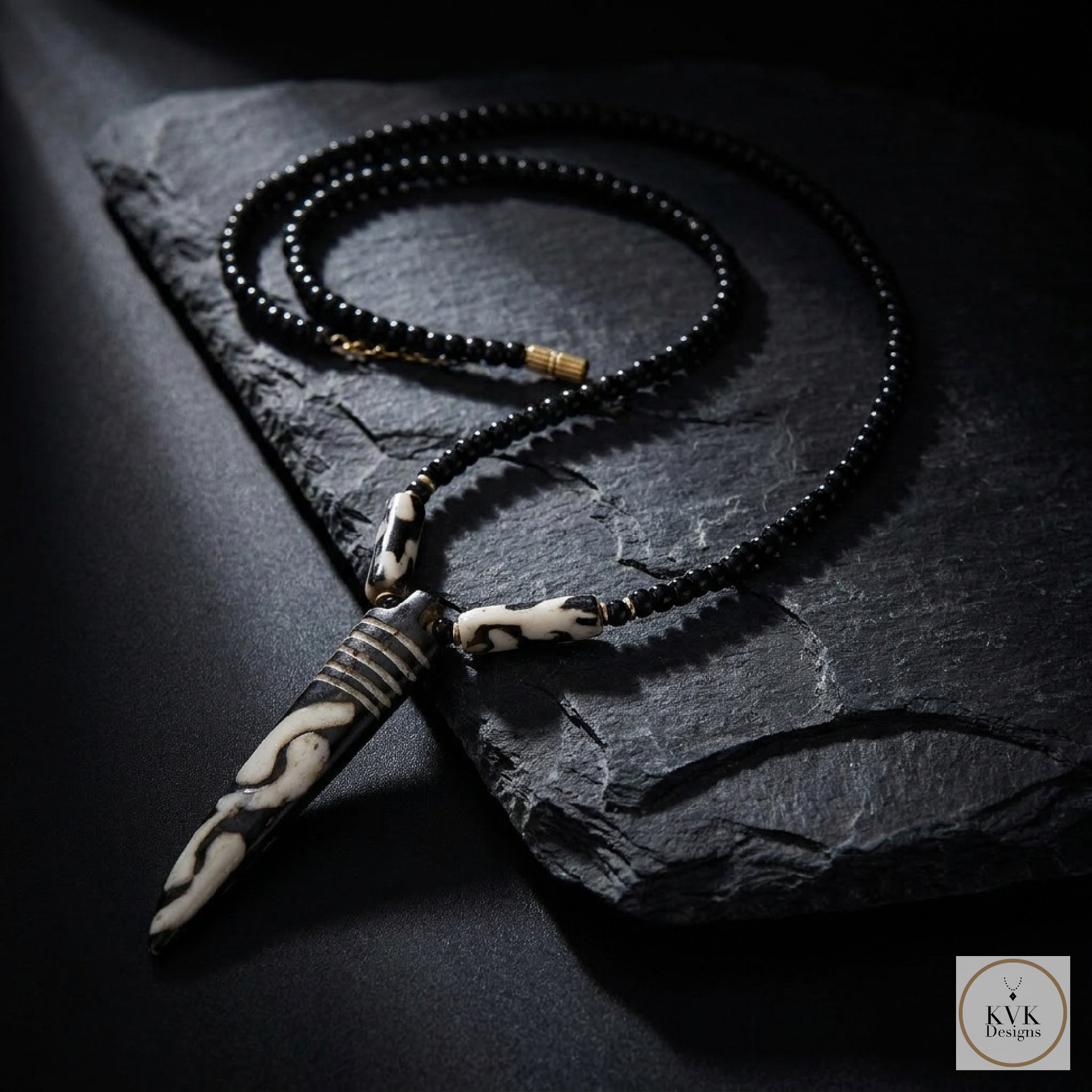 Batik Bone Tooth Pendant on Beaded Chain