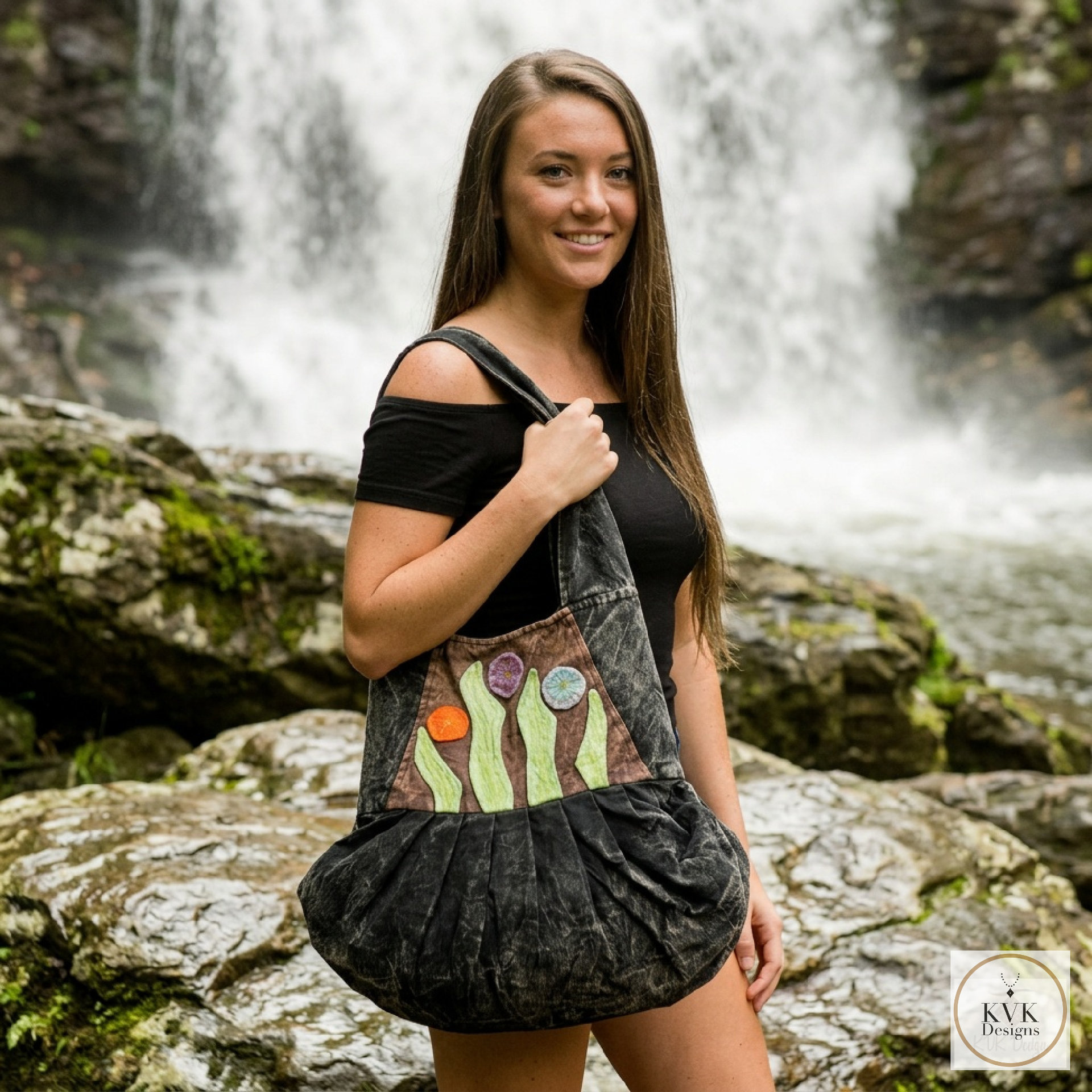 Boho Black Flower Hobo Bag – Stylish Hippie Sling Purse