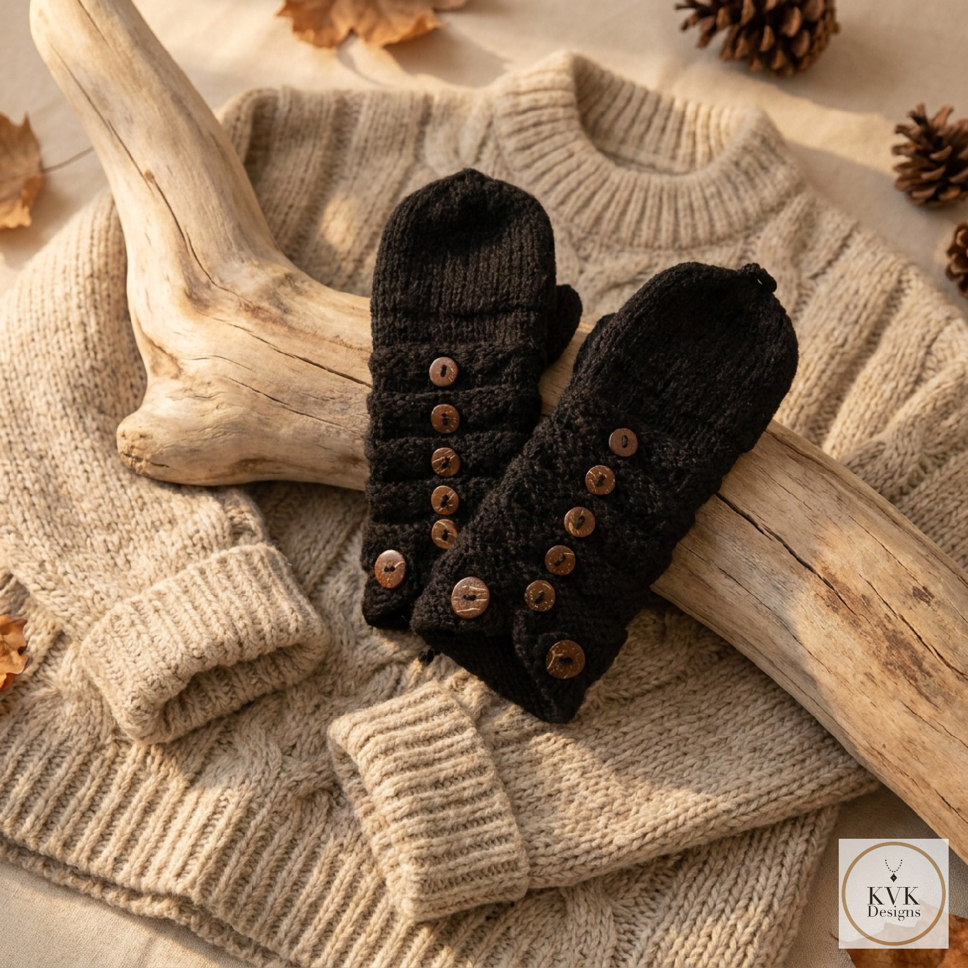 Hand-Knit Black Wool Mittens with Wooden Buttons - Convertible Fingerless Gloves