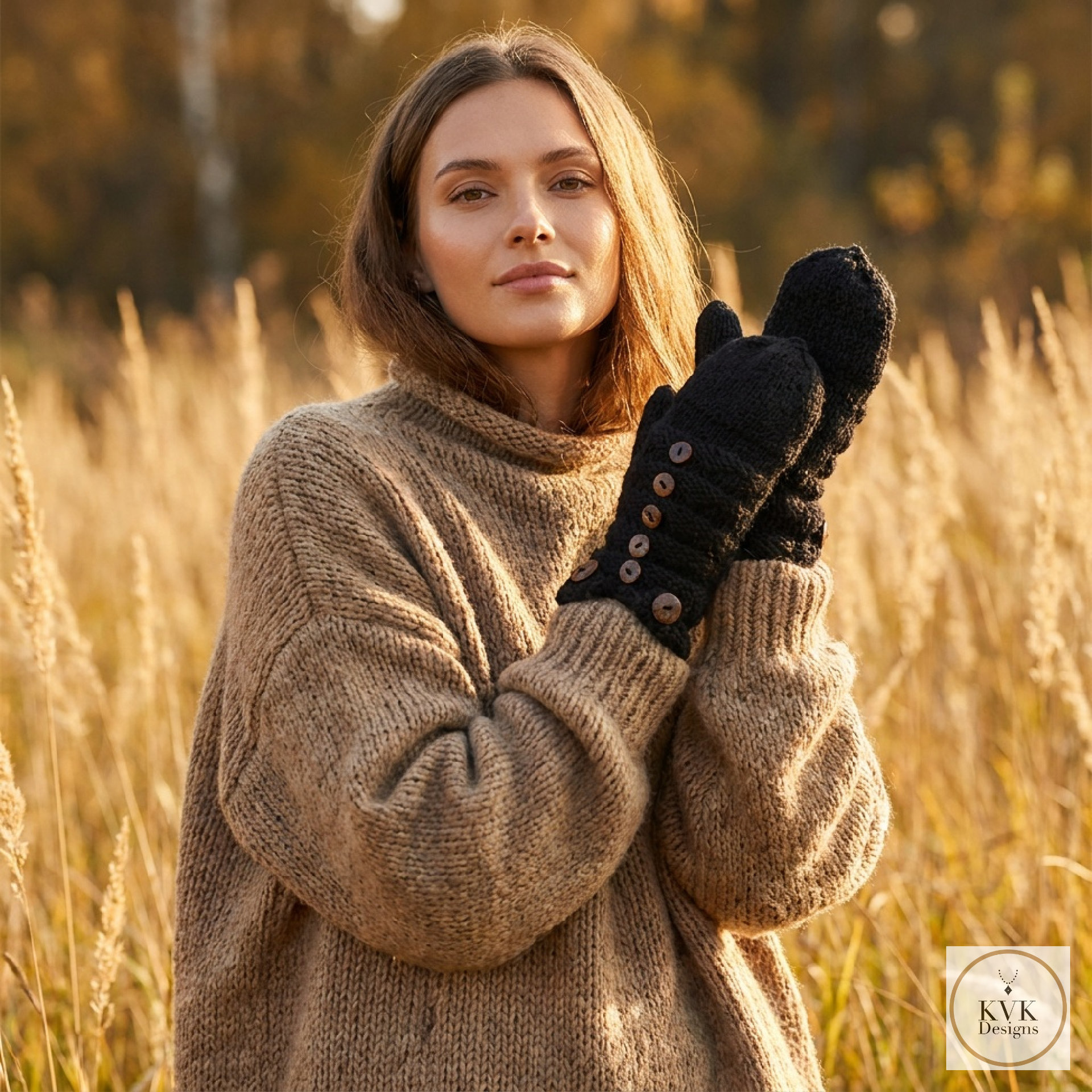 Hand-Knit Black Wool Mittens with Wooden Buttons - Convertible Fingerless Gloves