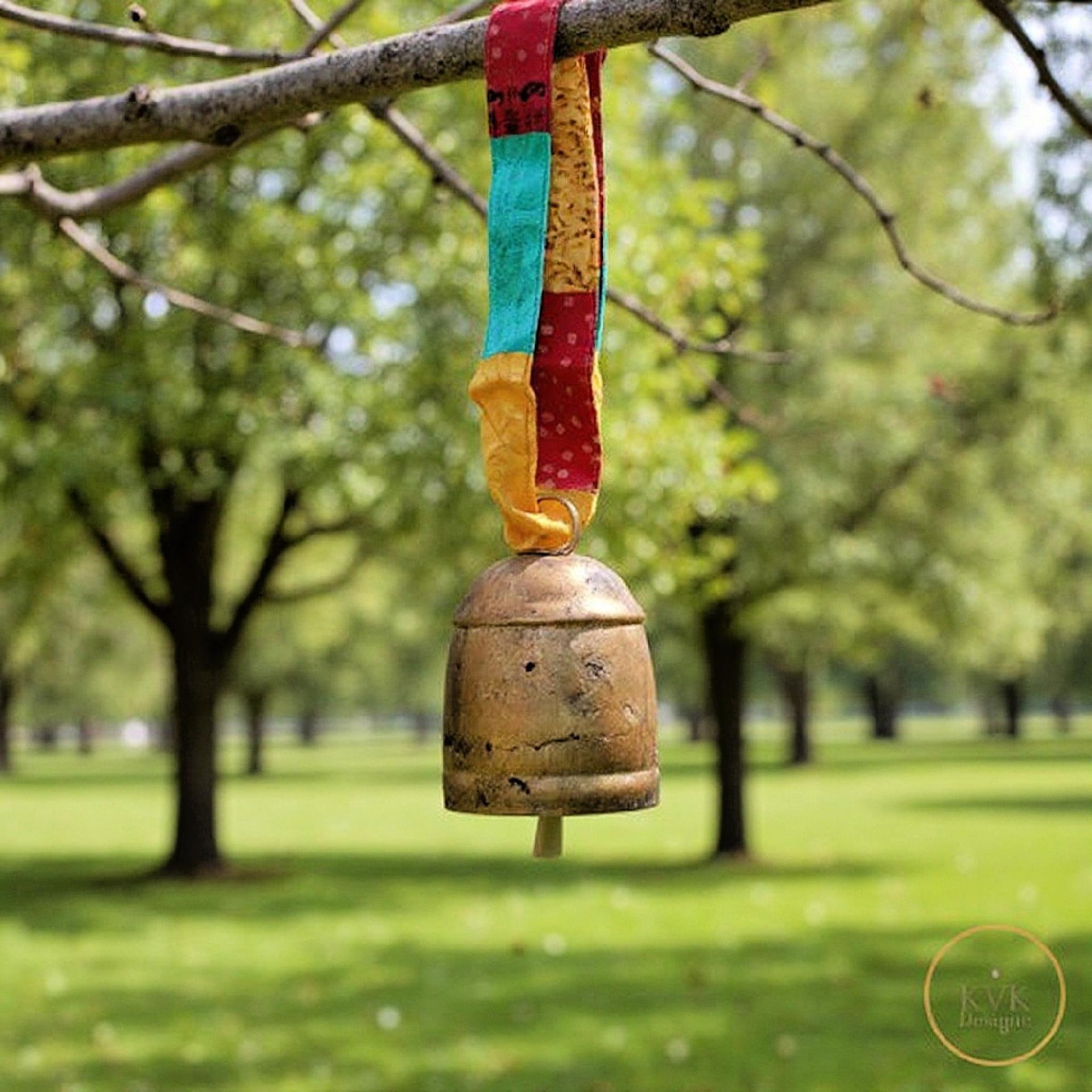 Boho Copper Bell Colorful Sari Silk Ribbon Artisan Wall Hanging