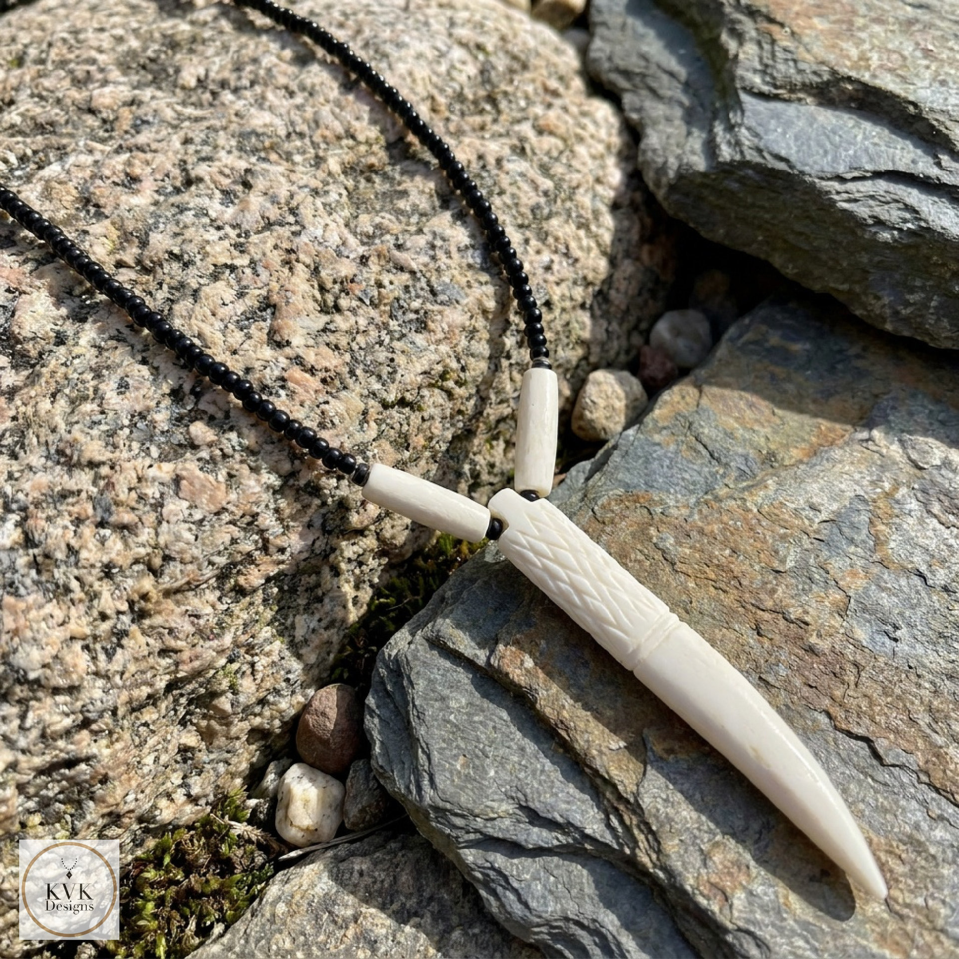 Bone Tooth Pendant on Beaded Chain