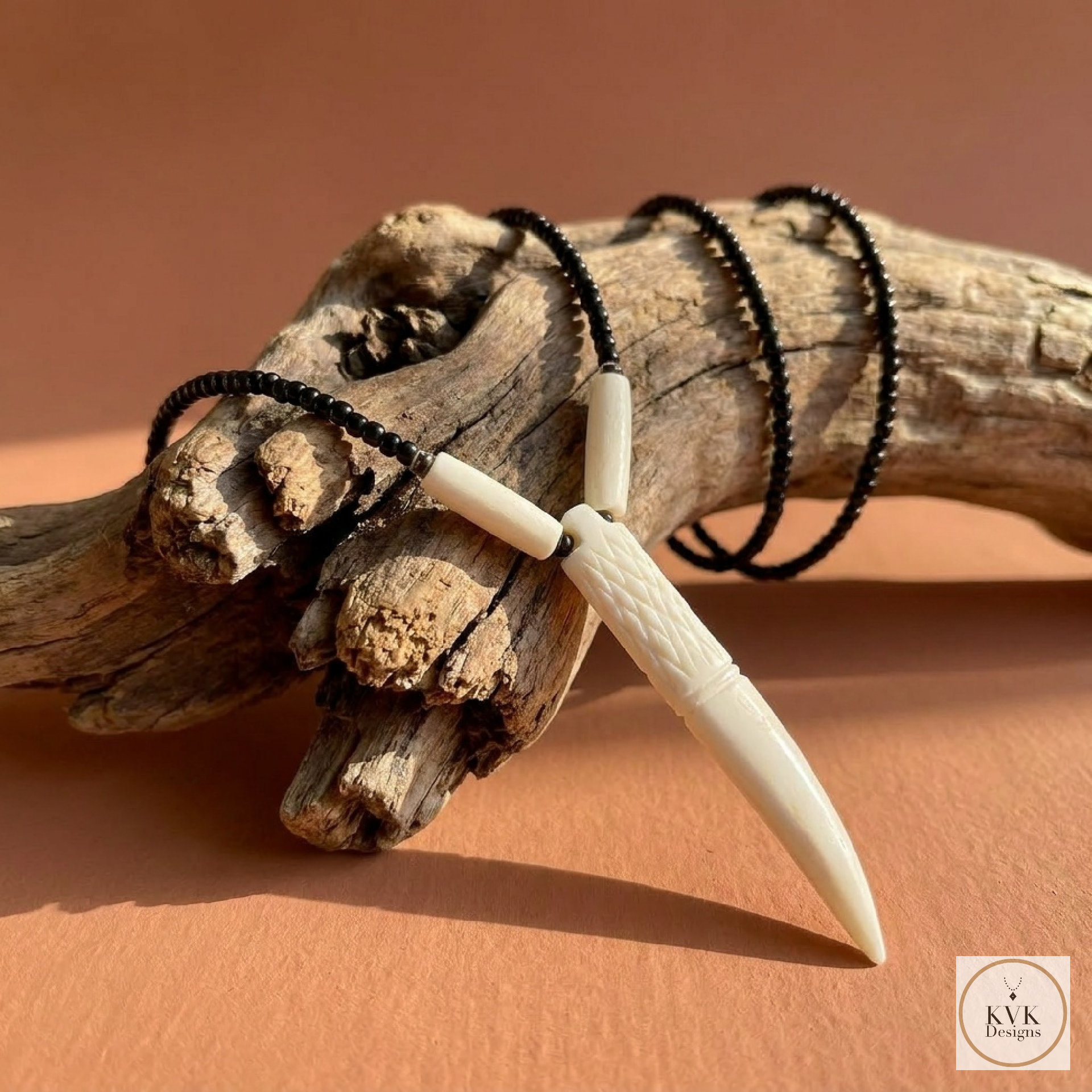 Bone Tooth Pendant on Beaded Chain