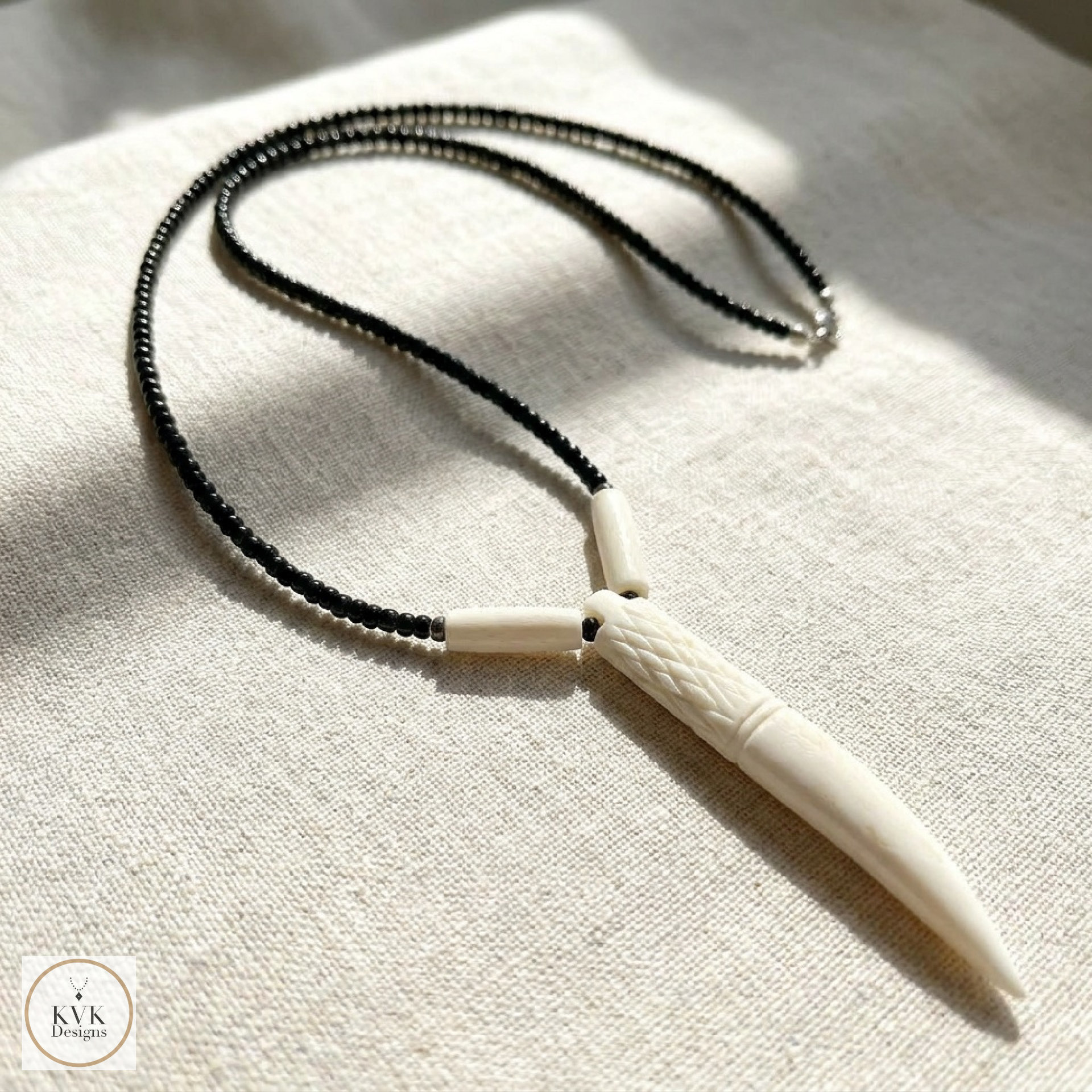 Bone Tooth Pendant on Beaded Chain