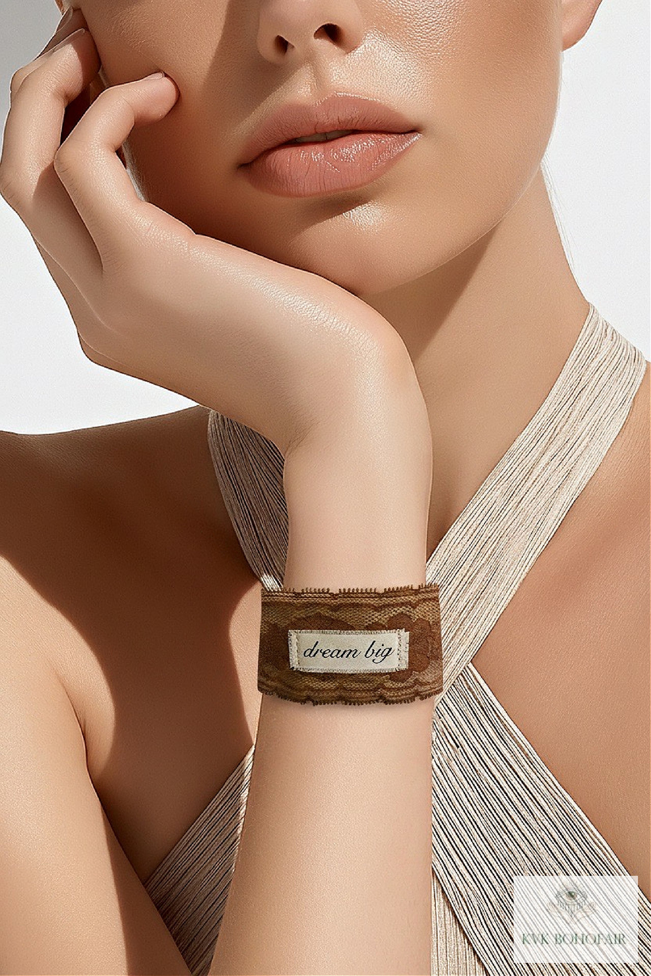 Boho Cotton Cuff Bracelet – Embroidered Dream Big Quote, Vintage Lace Detail
