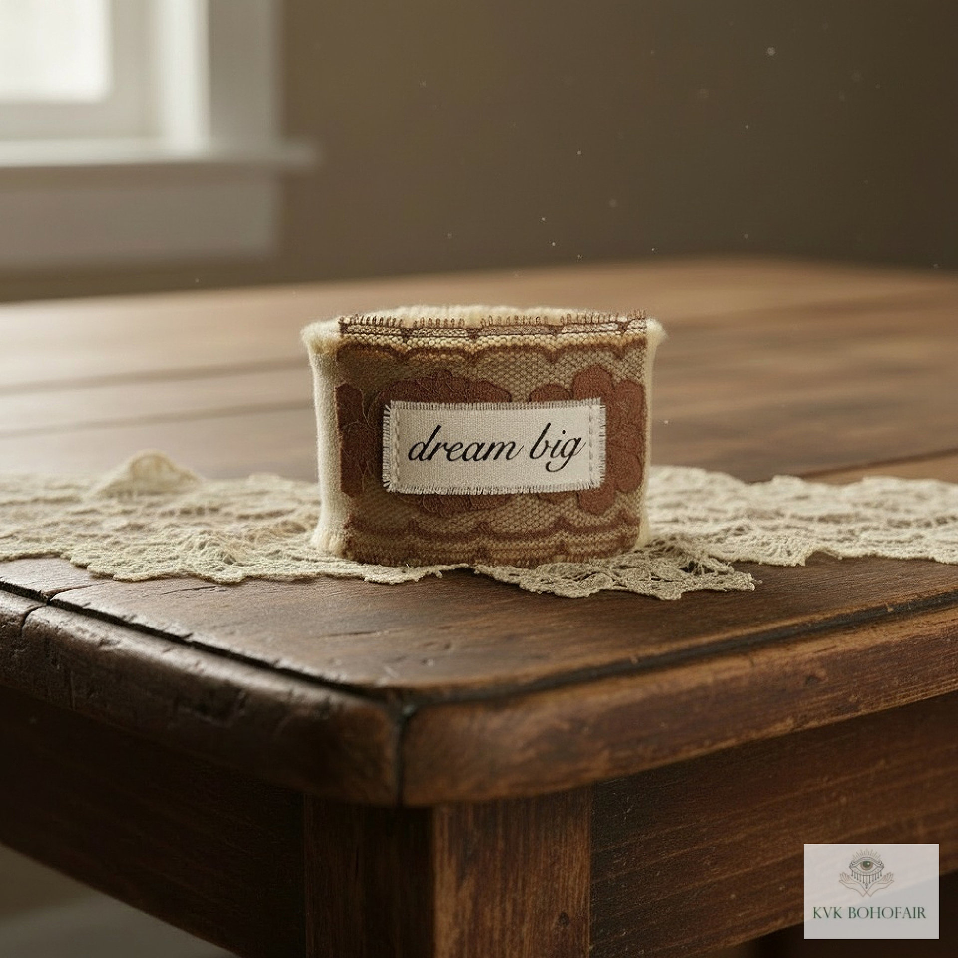 Boho Cotton Cuff Bracelet – Embroidered Dream Big Quote, Vintage Lace Detail