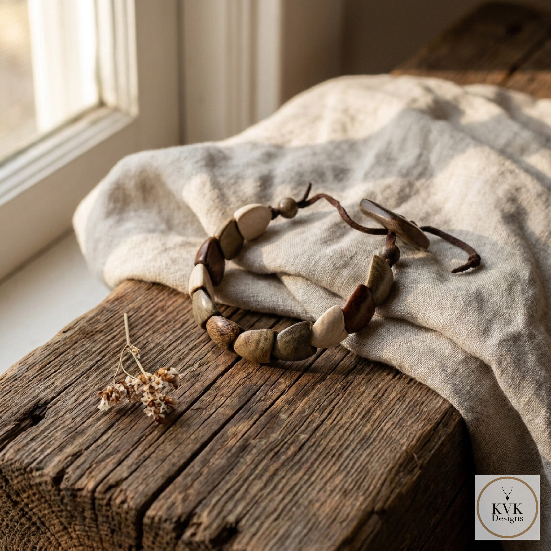 Dance with Druids Wood Bracelet, Adjustable Suede Cord, Handcrafted Earthy Jewelry