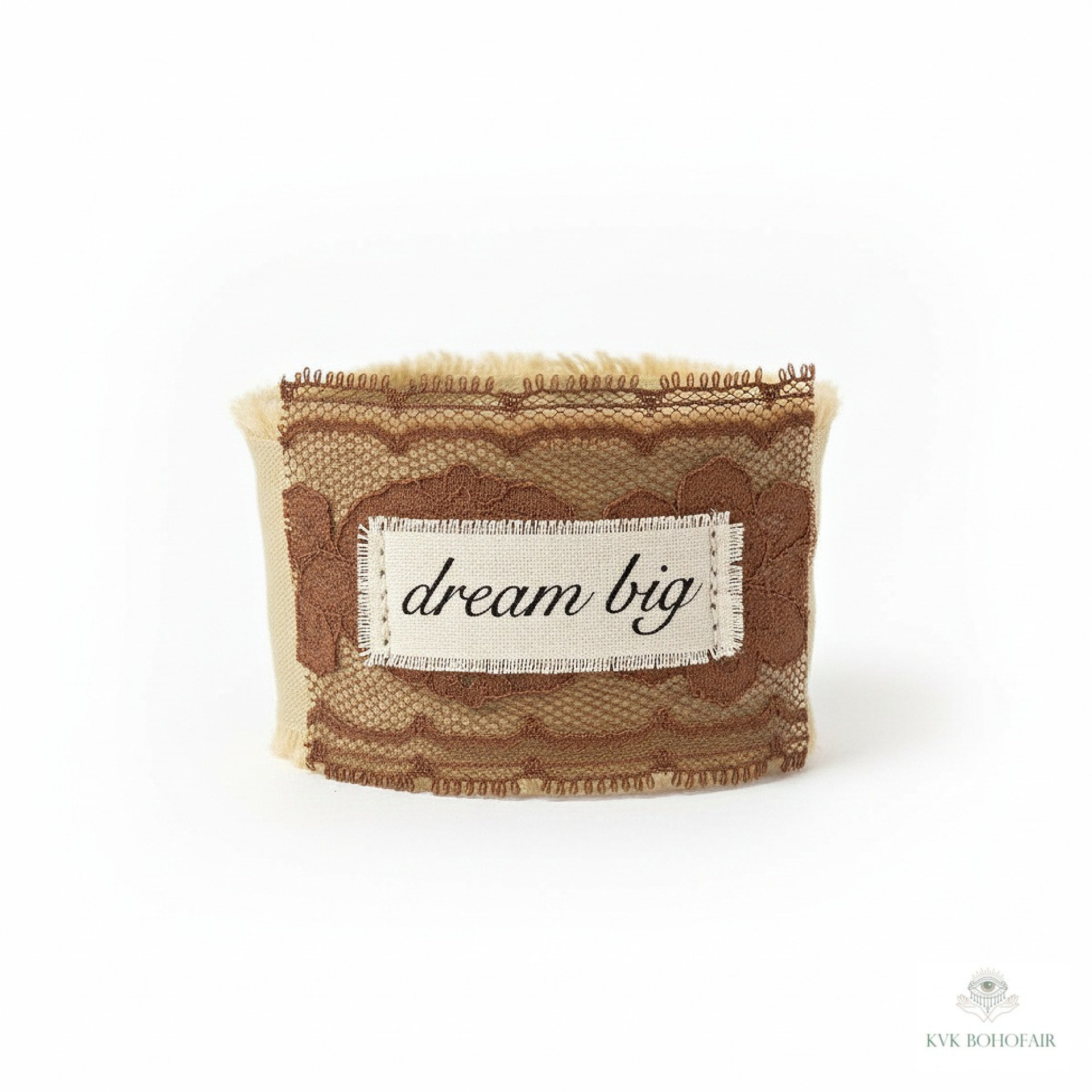 Boho Cotton Cuff Bracelet – Embroidered Dream Big Quote, Vintage Lace Detail