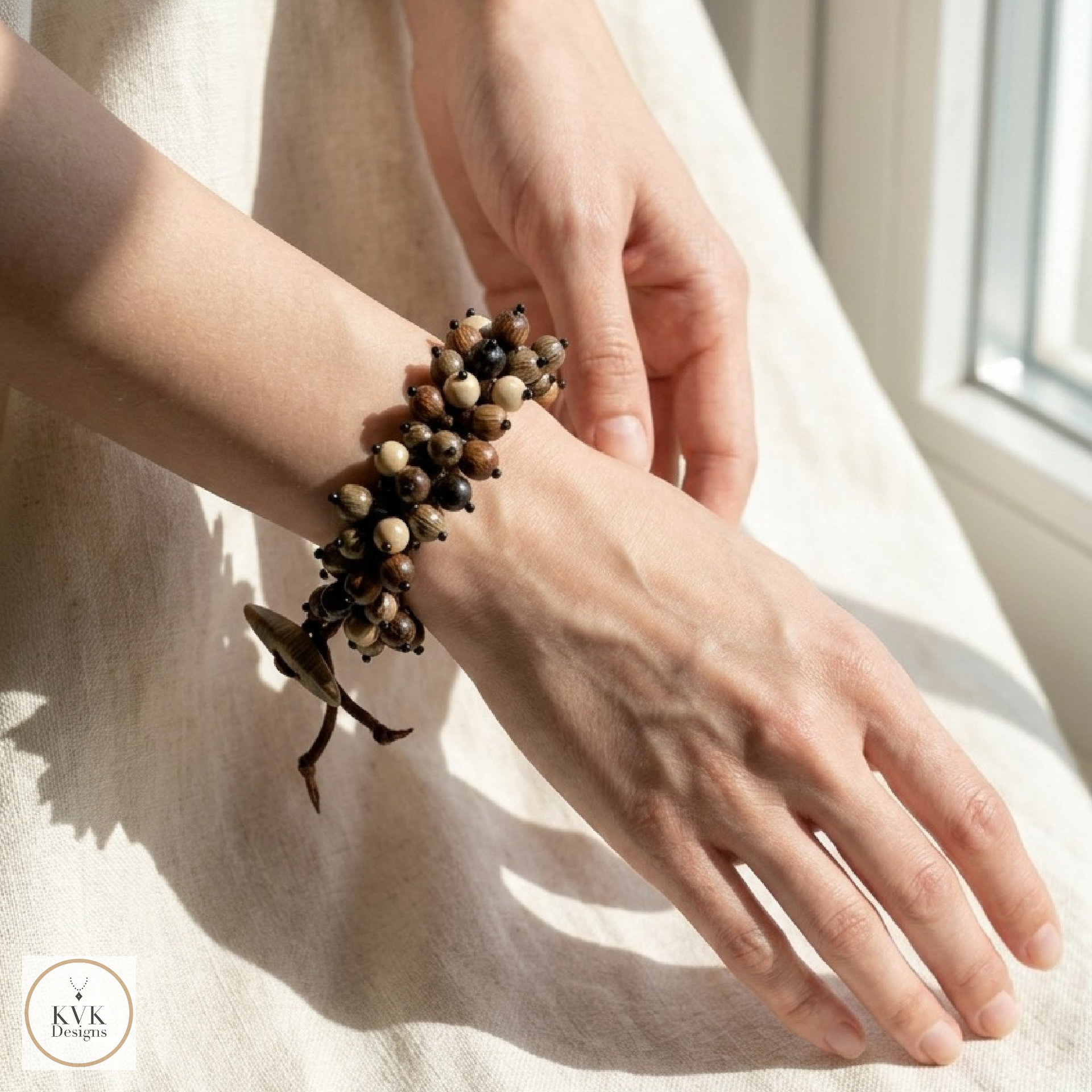 Flora Wood Bead Bracelet, Adjustable Suede Cord, Handcrafted Earthy Jewelry