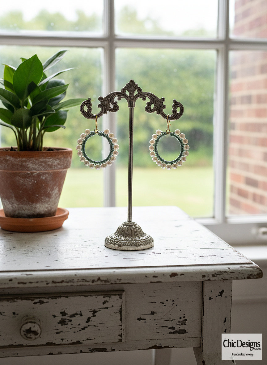 Elegant Freshwater Pearl Earrings with Hand-Woven Green Silk Hoops