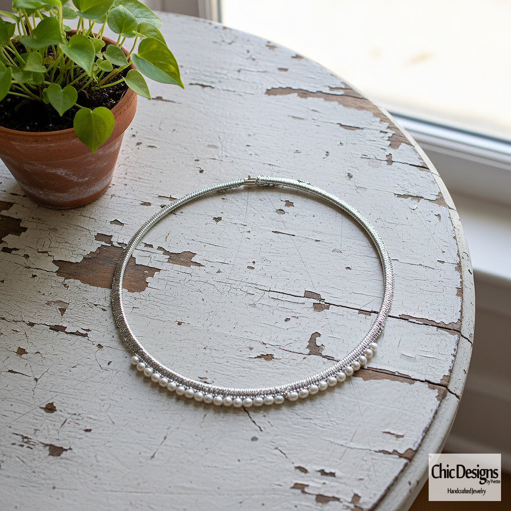 Freshwater Pearl and Green Silk Woven Choker