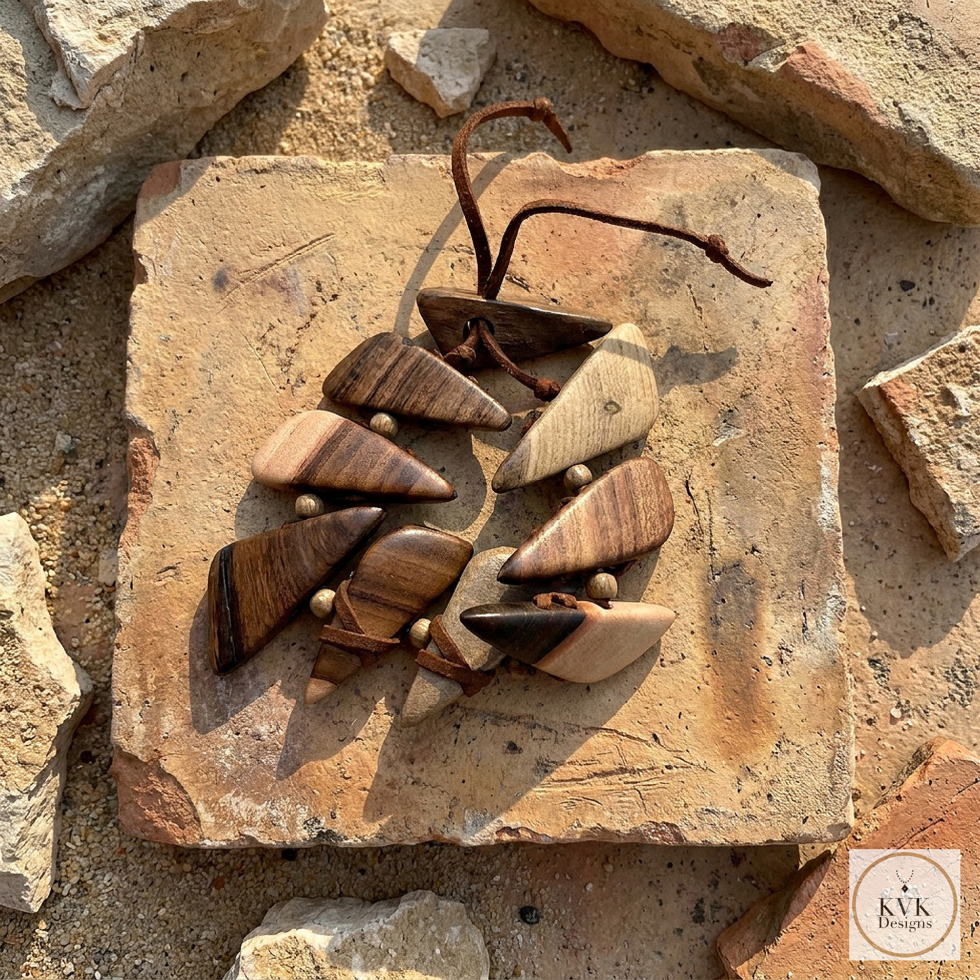Geometric Wooden Bracelet - Adjustable Suede Cord, Handcrafted Earthy Jewelry