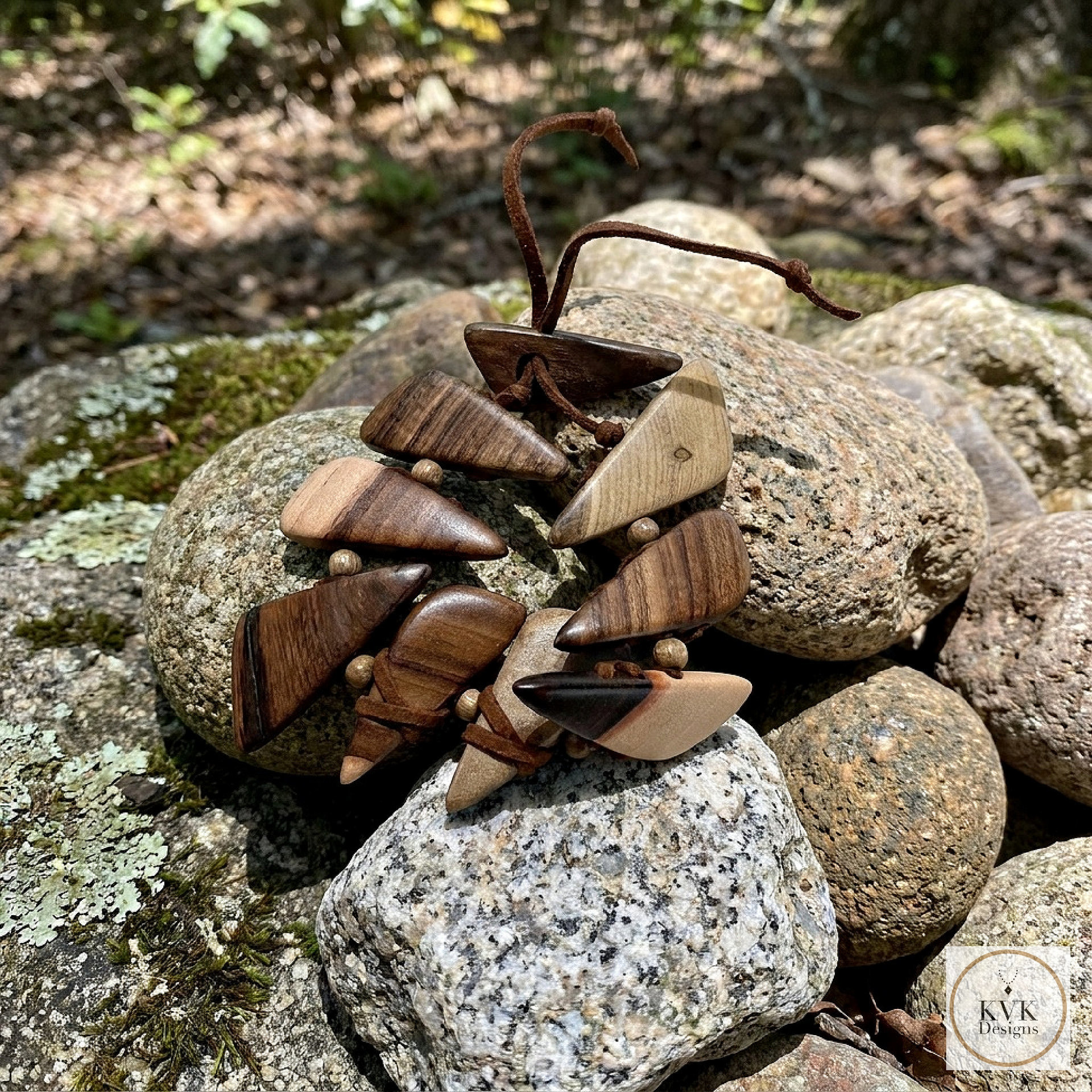 Geometric Wooden Bracelet - Adjustable Suede Cord, Handcrafted Earthy Jewelry