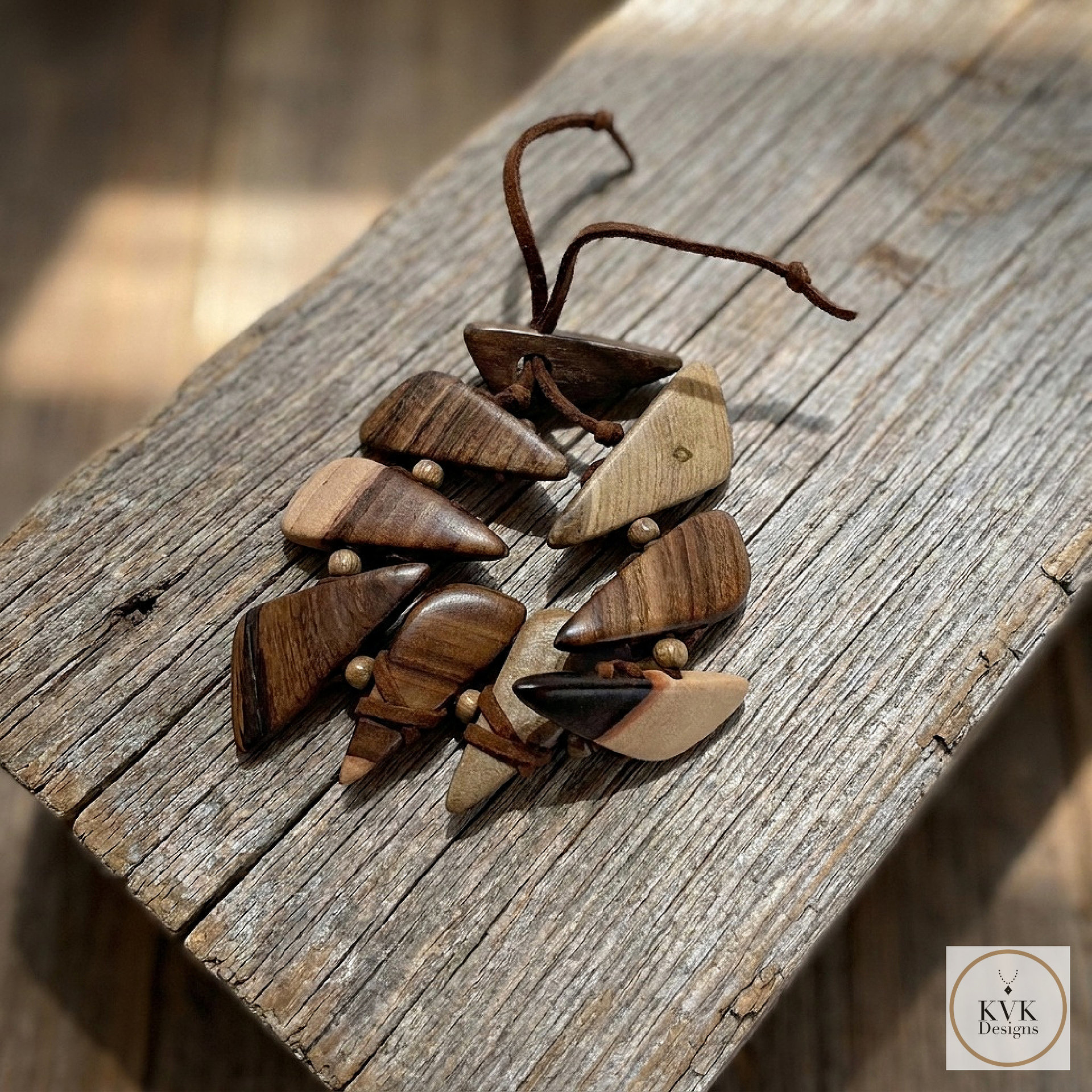 Geometric Wooden Bracelet - Adjustable Suede Cord, Handcrafted Earthy Jewelry