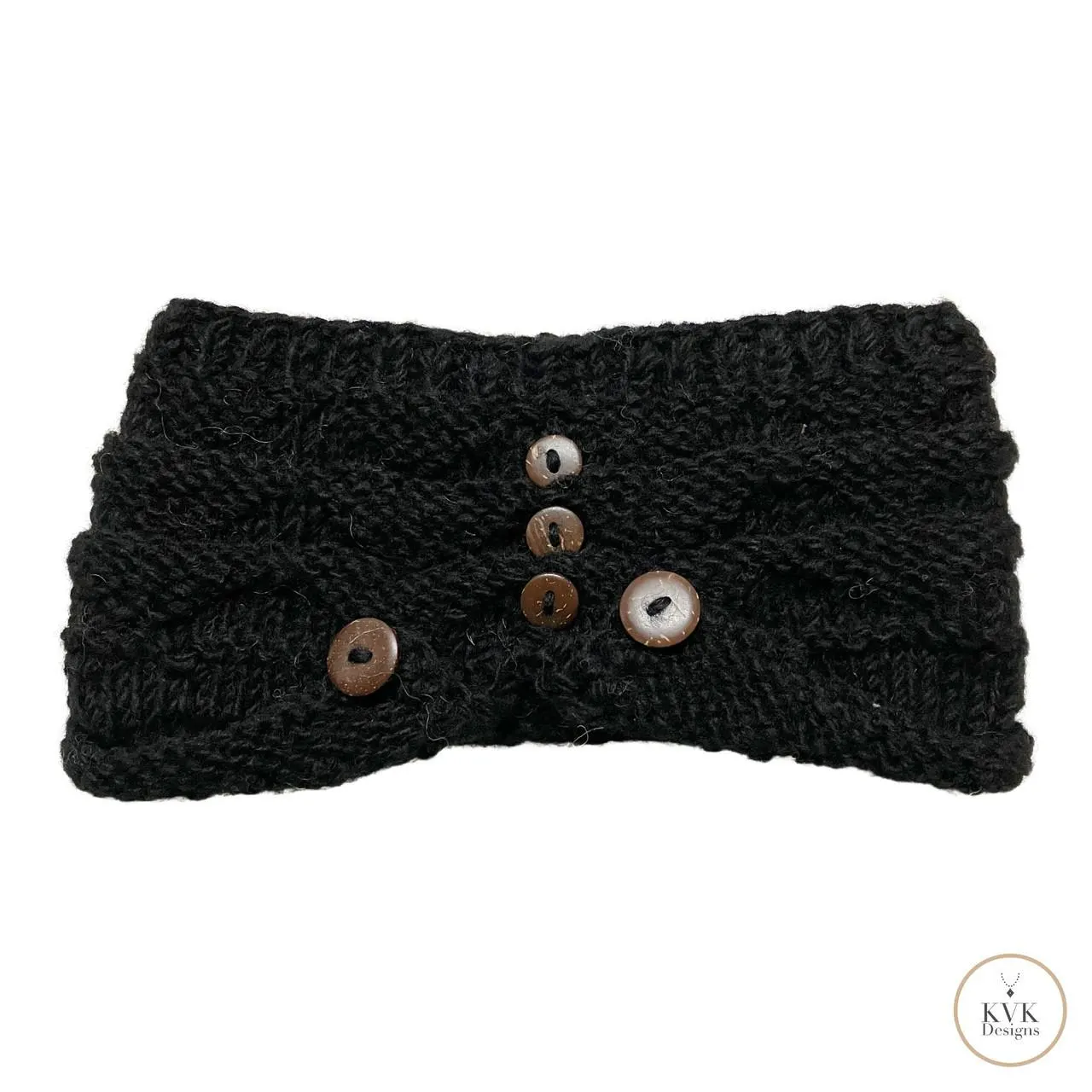 Hand-Knit Black Wool Headband with Buttons - Cozy Ear Warmer for Women