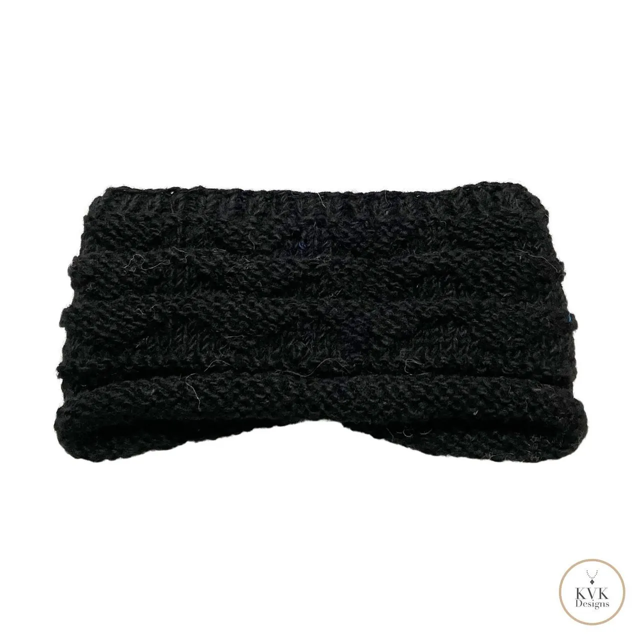 Hand-Knit Black Wool Headband with Buttons - Cozy Ear Warmer for Women