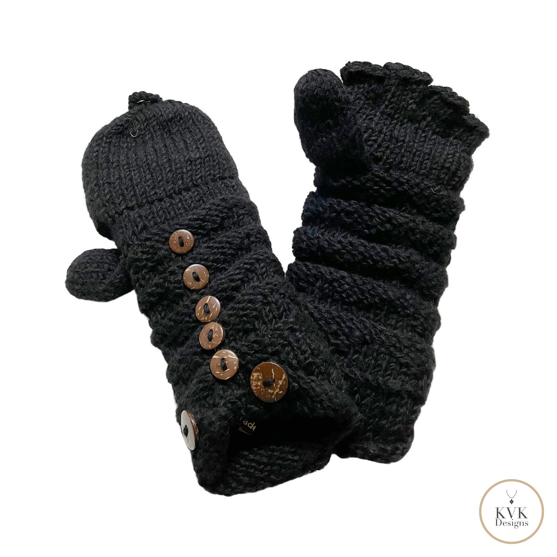 Hand-Knit Black Wool Mittens with Wooden Buttons - Convertible Fingerless Gloves