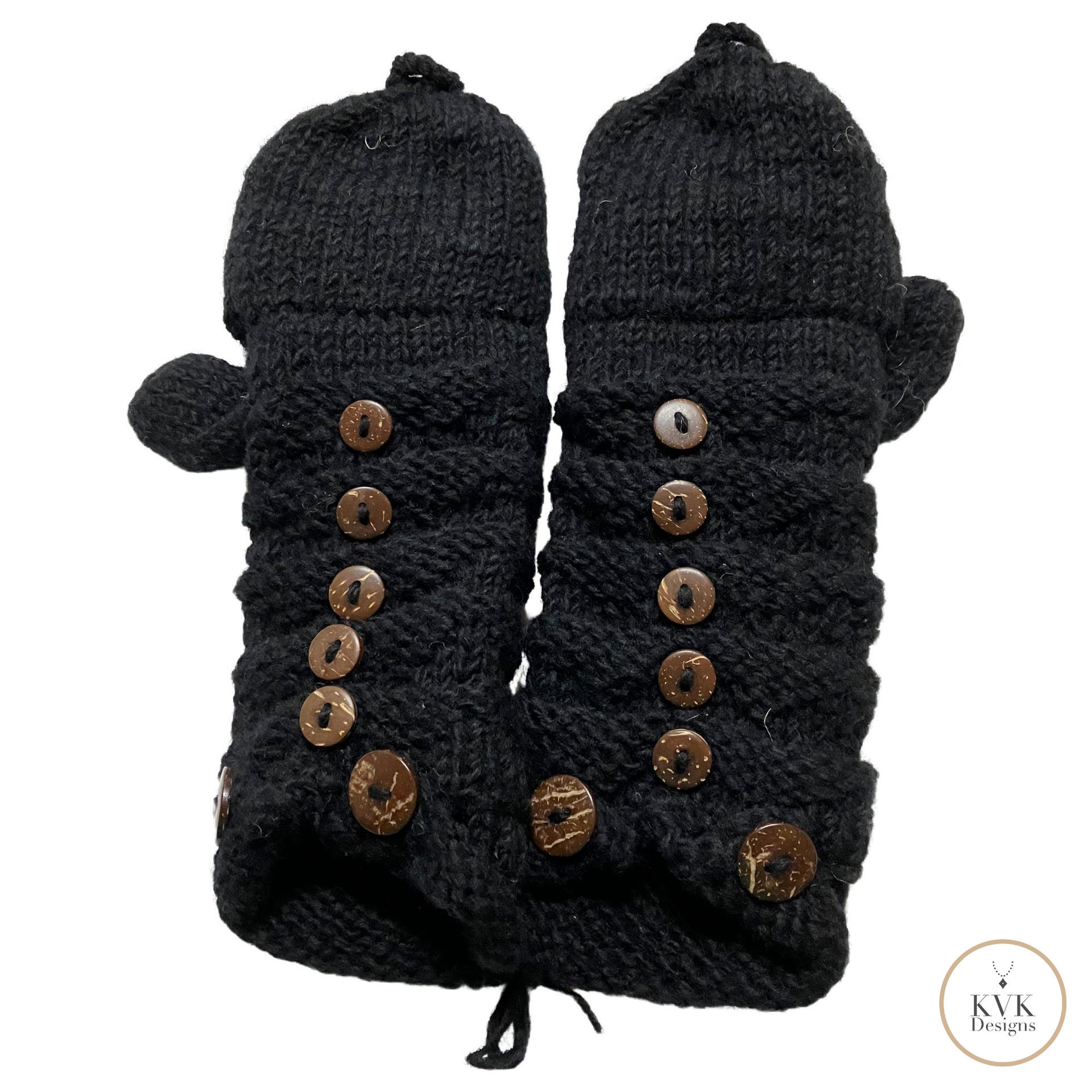 Hand-Knit Black Wool Mittens with Wooden Buttons - Convertible Fingerless Gloves