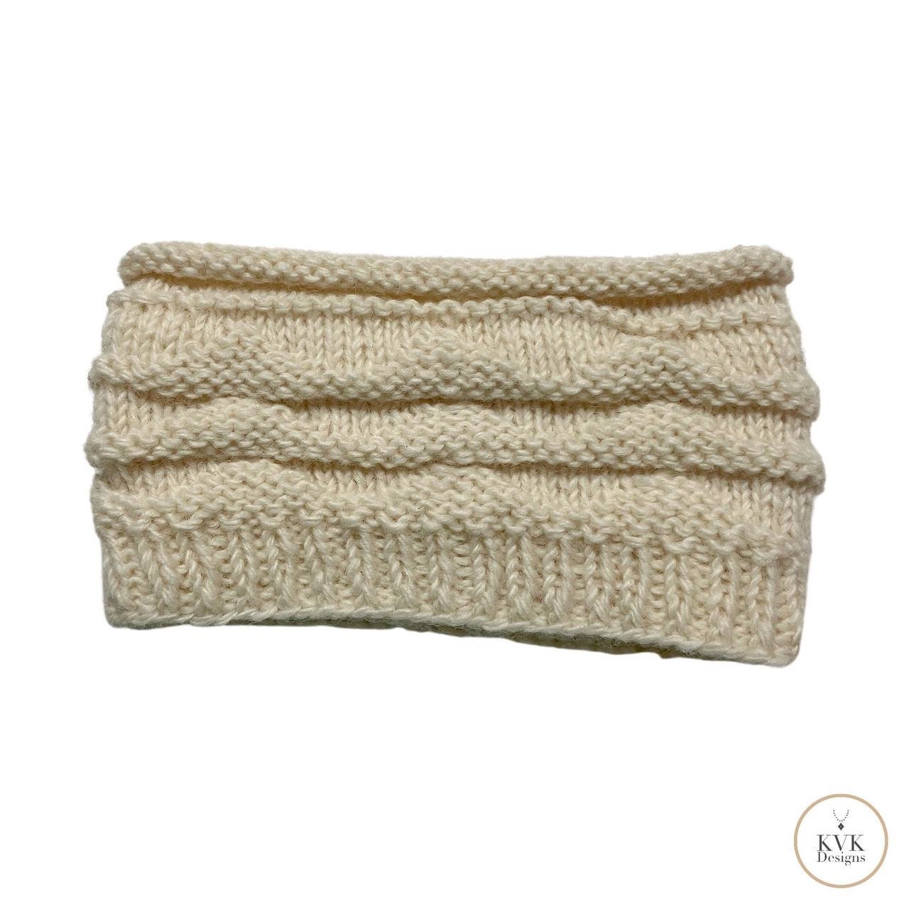 Hand-Knit Off White Wool Headband with Buttons - Cozy Ear Warmer for Women