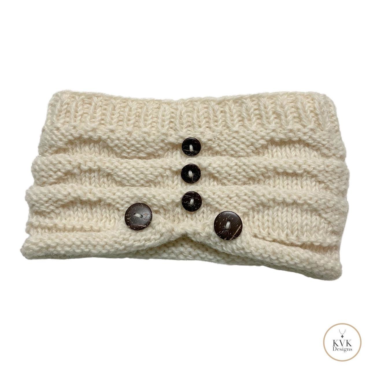 Hand-Knit Off White Wool Headband with Buttons - Cozy Ear Warmer for Women