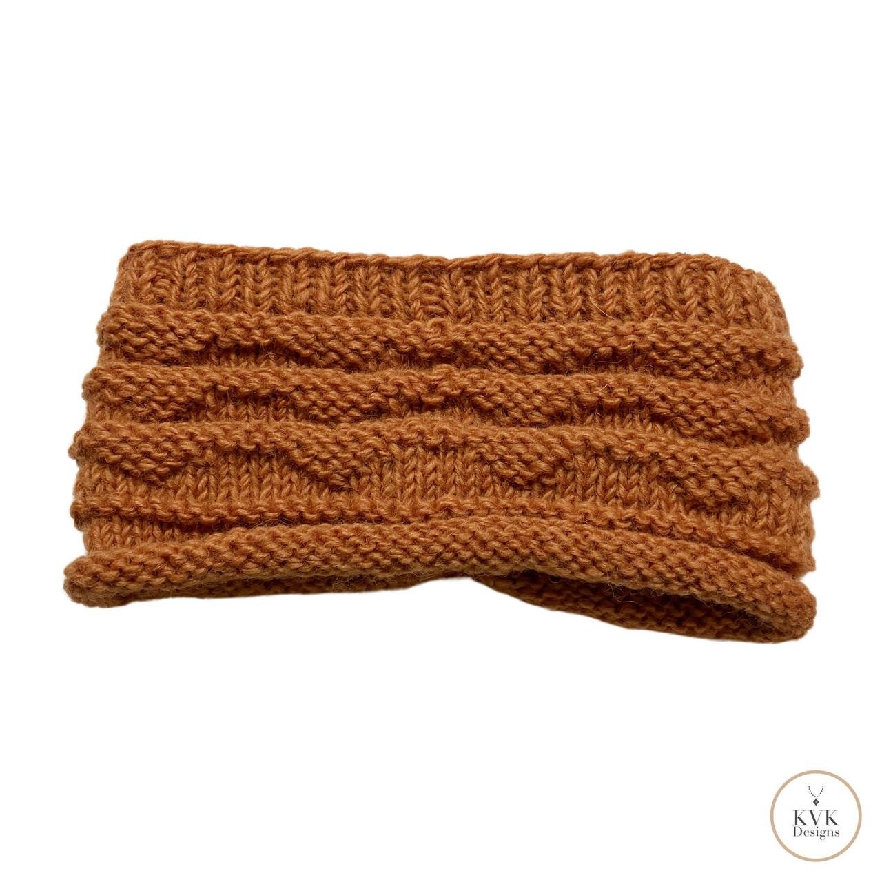 Hand-Knit Orange Wool Headband with Buttons - Cozy Ear Warmer for Women