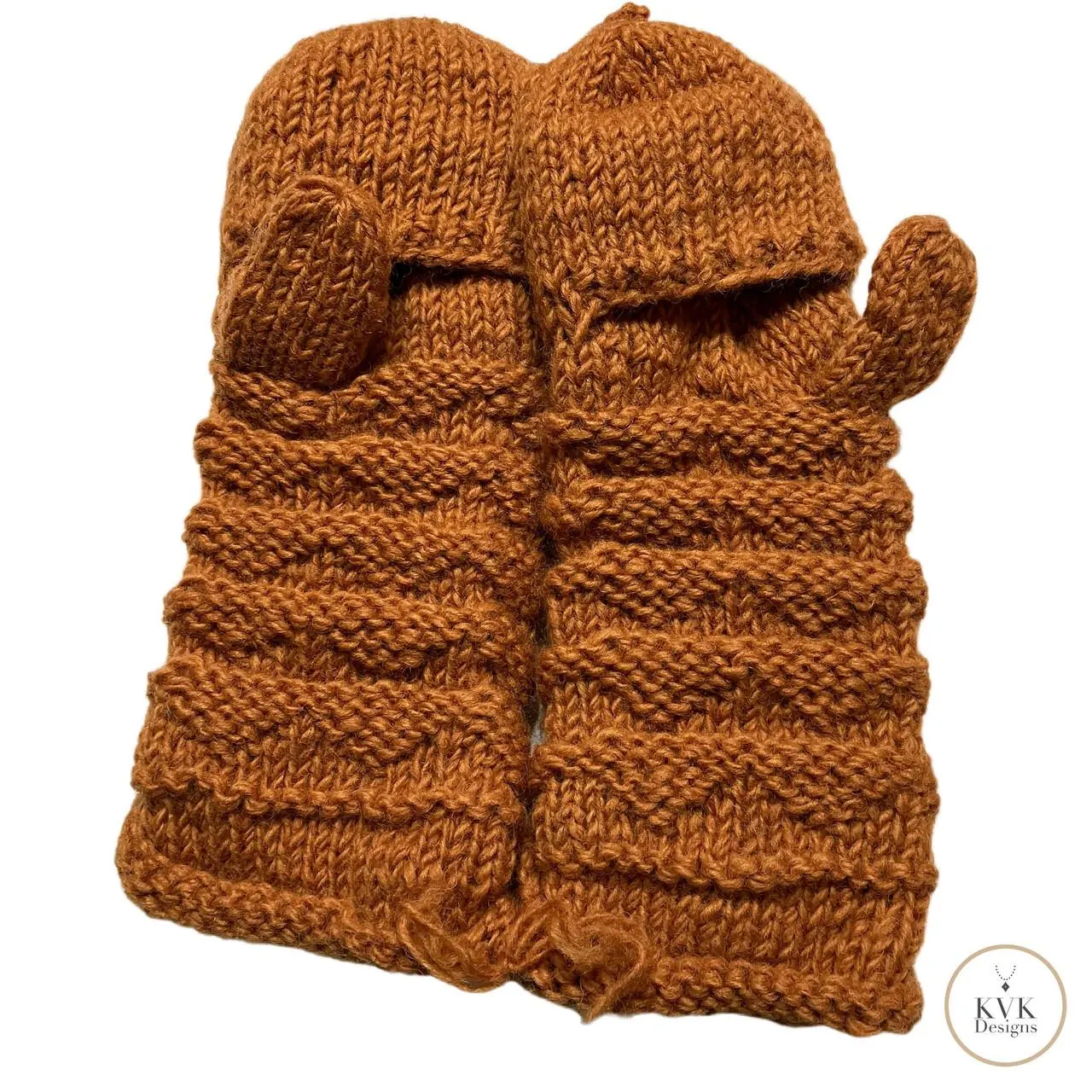 Hand-Knit Orange Wool Mittens with Wooden Buttons - Convertible Fingerless Gloves