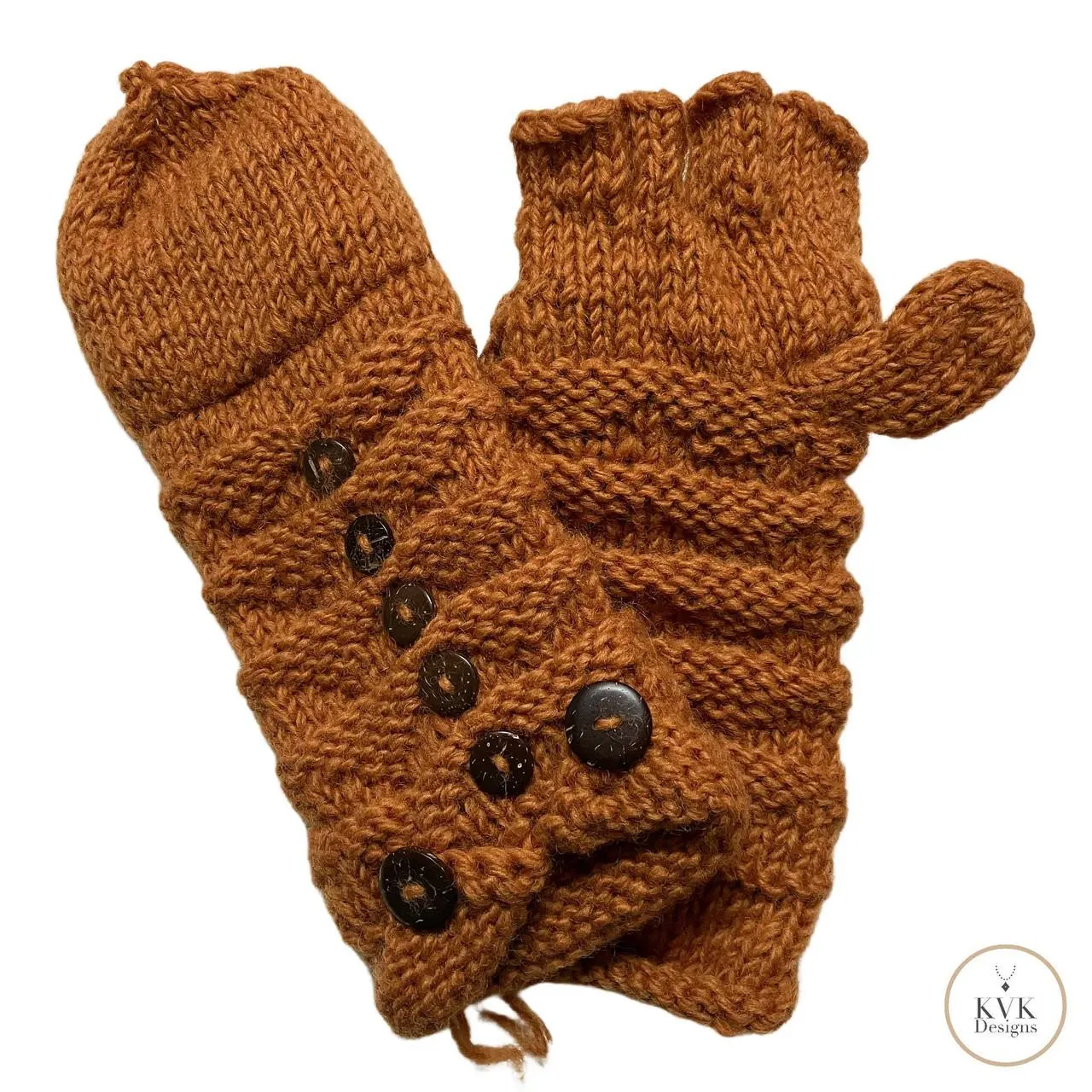 Hand-Knit Orange Wool Mittens with Wooden Buttons - Convertible Fingerless Gloves