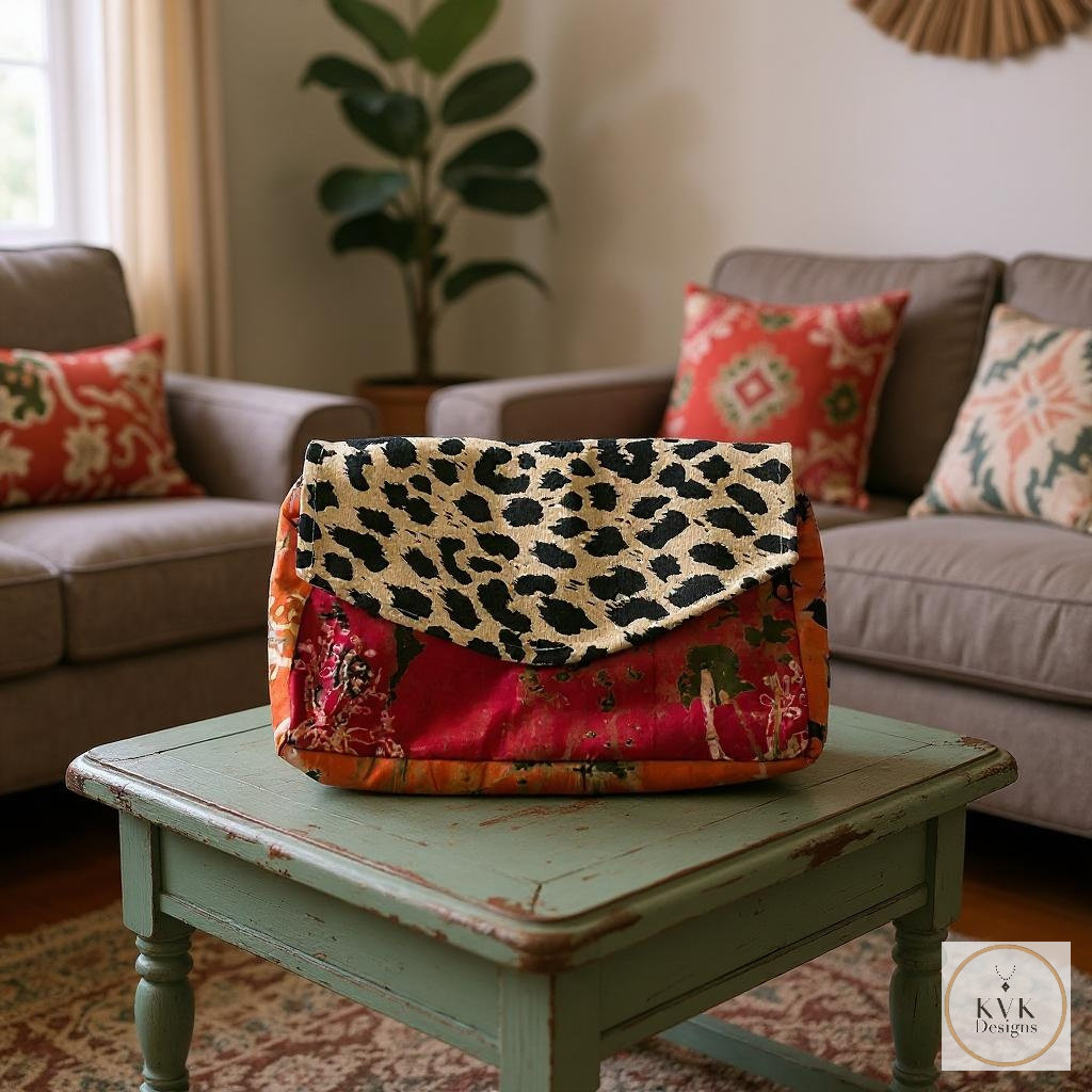 Boho Leopard Print Clutch: Handmade Batik Cotton Envelope Bag