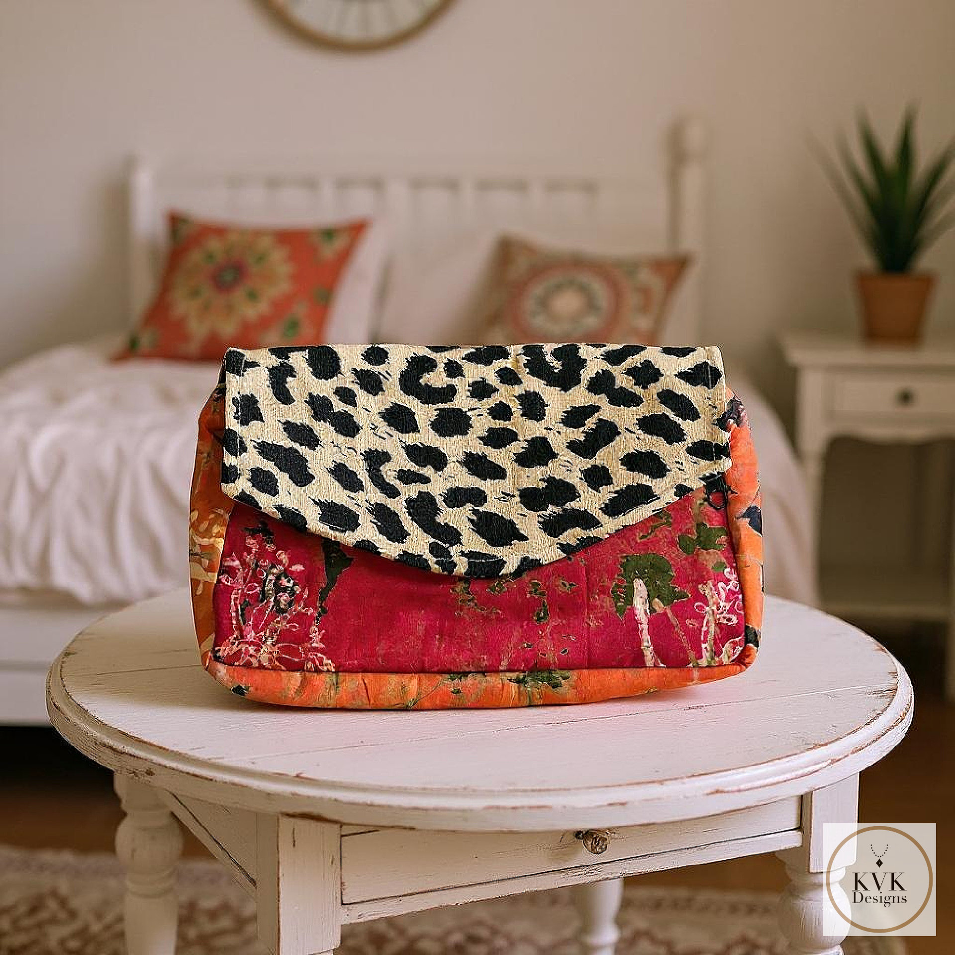 Boho Leopard Print Clutch: Handmade Batik Cotton Envelope Bag