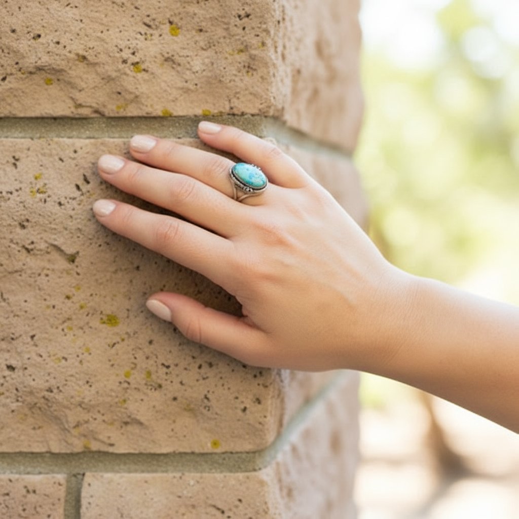Oval Reconstituted Turquoise Floral Design Ring