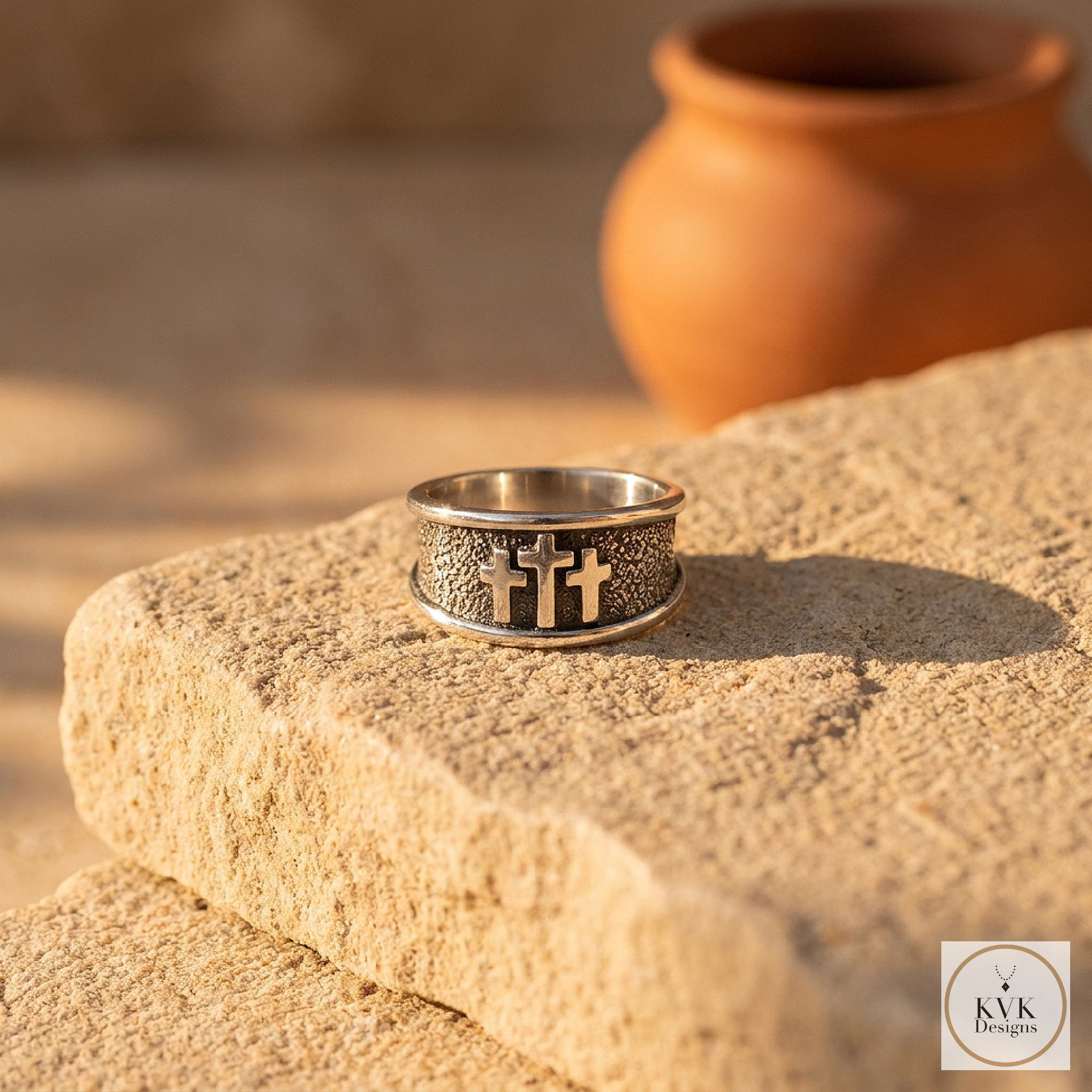  Oxidized Sterling Silver Three Cross Ring
