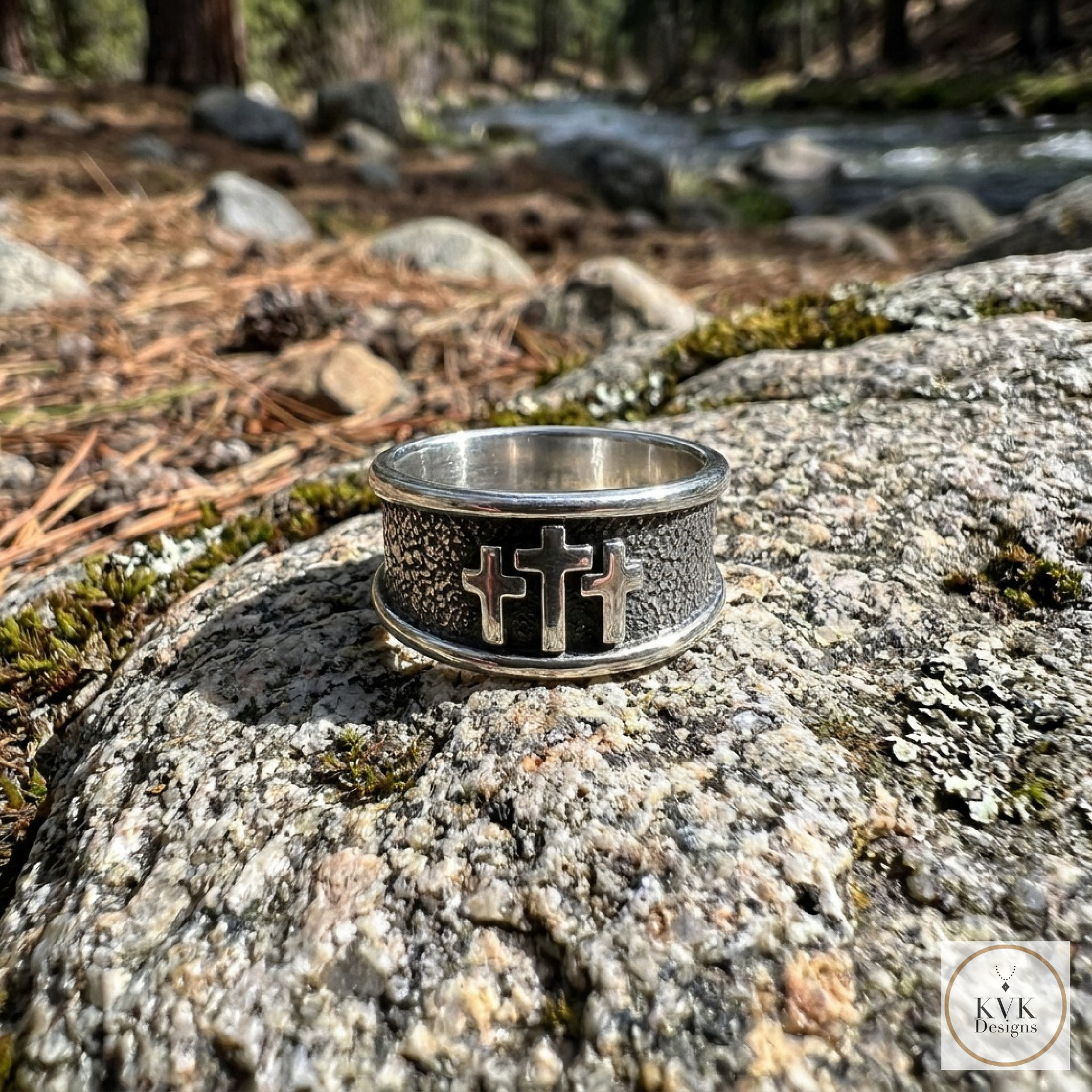  Oxidized Sterling Silver Three Cross Ring