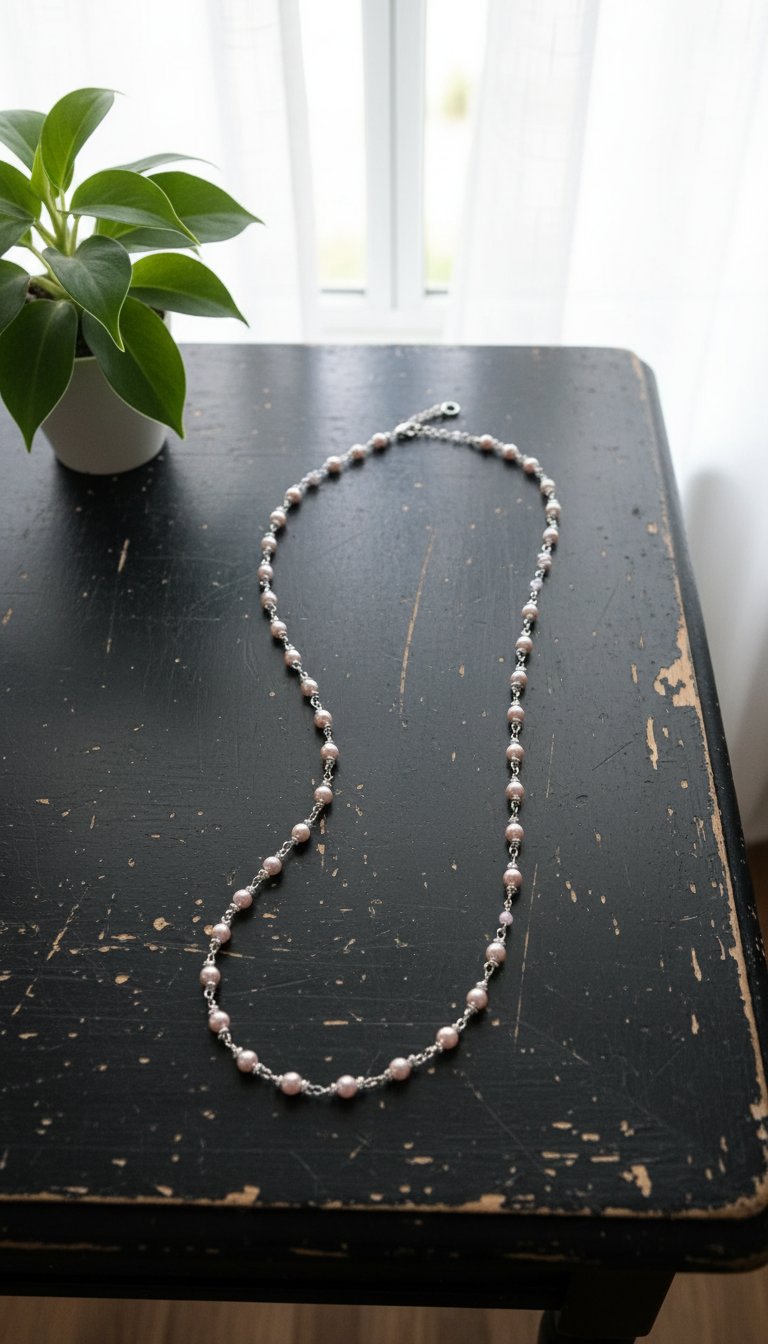 Pink Pearl and Pink Crystal Silver Link Necklace