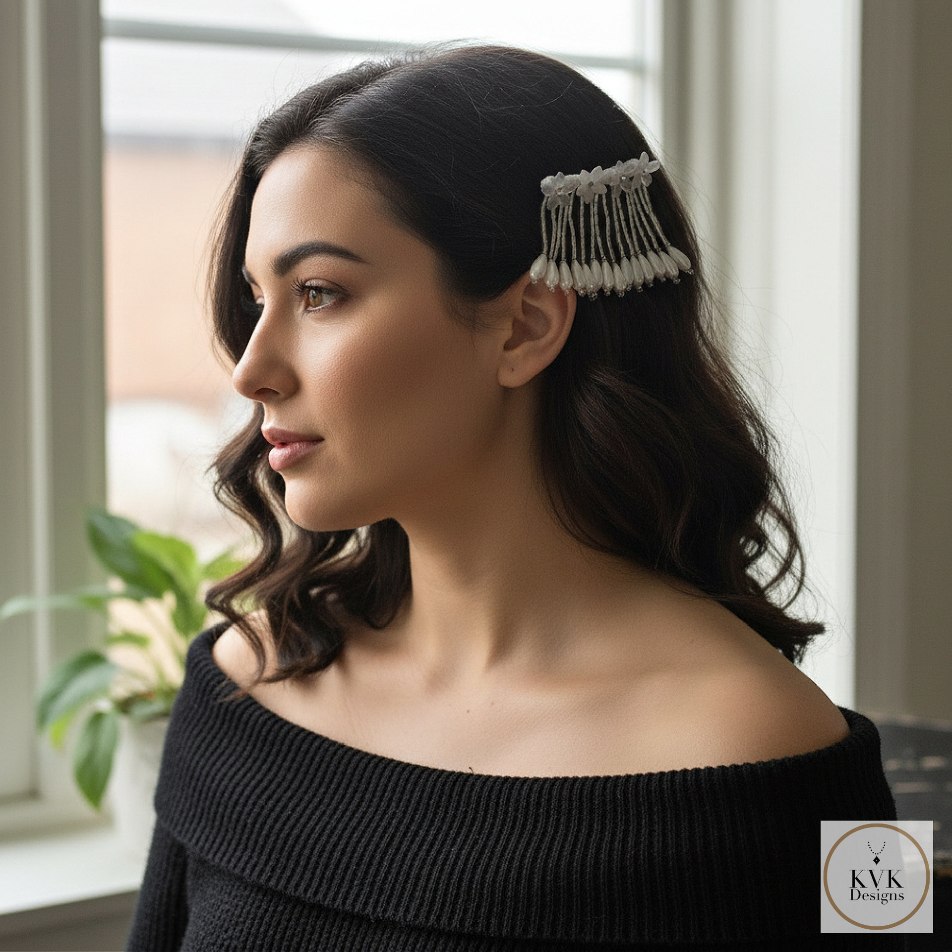 Rhinestone and Resin Flowered Fringe with Pearl Accented Hairpin