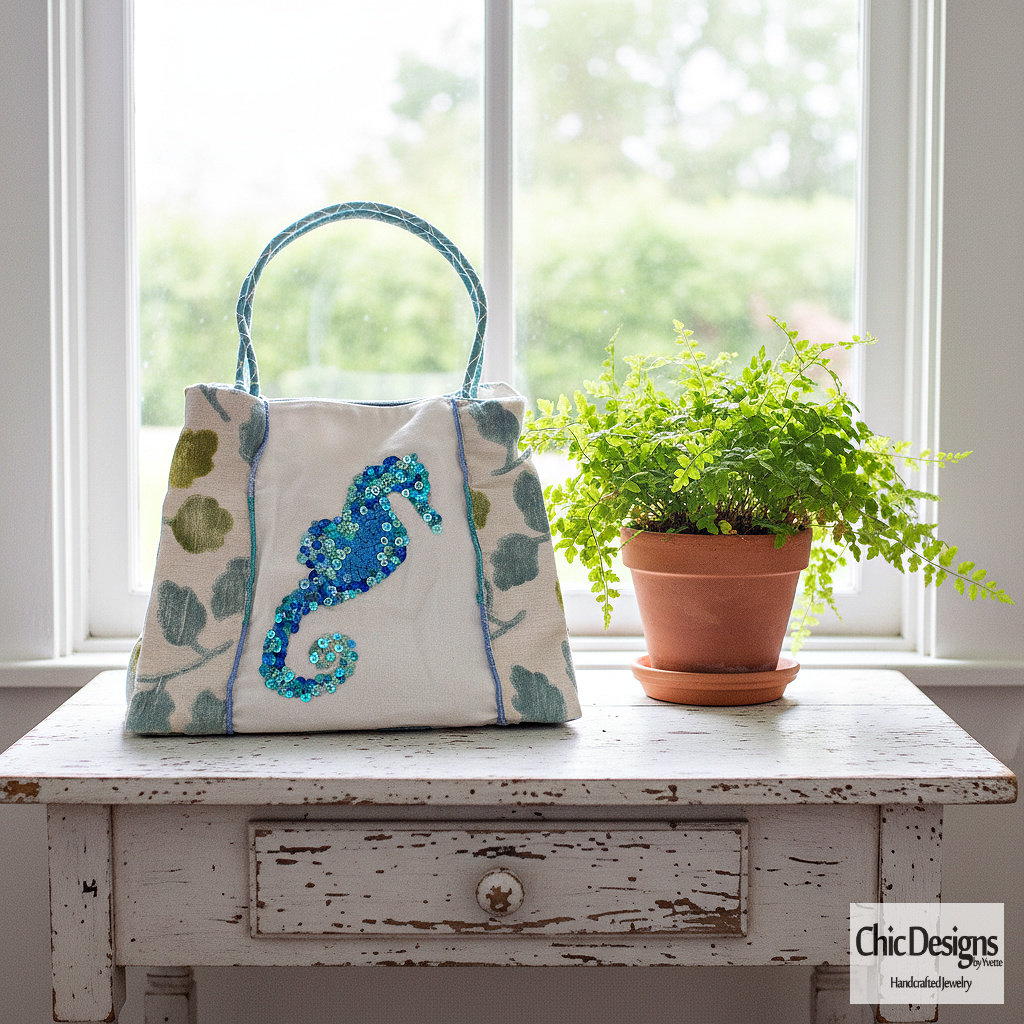 Sea Horse Bucket Tote with Hand Embroidered Sequins