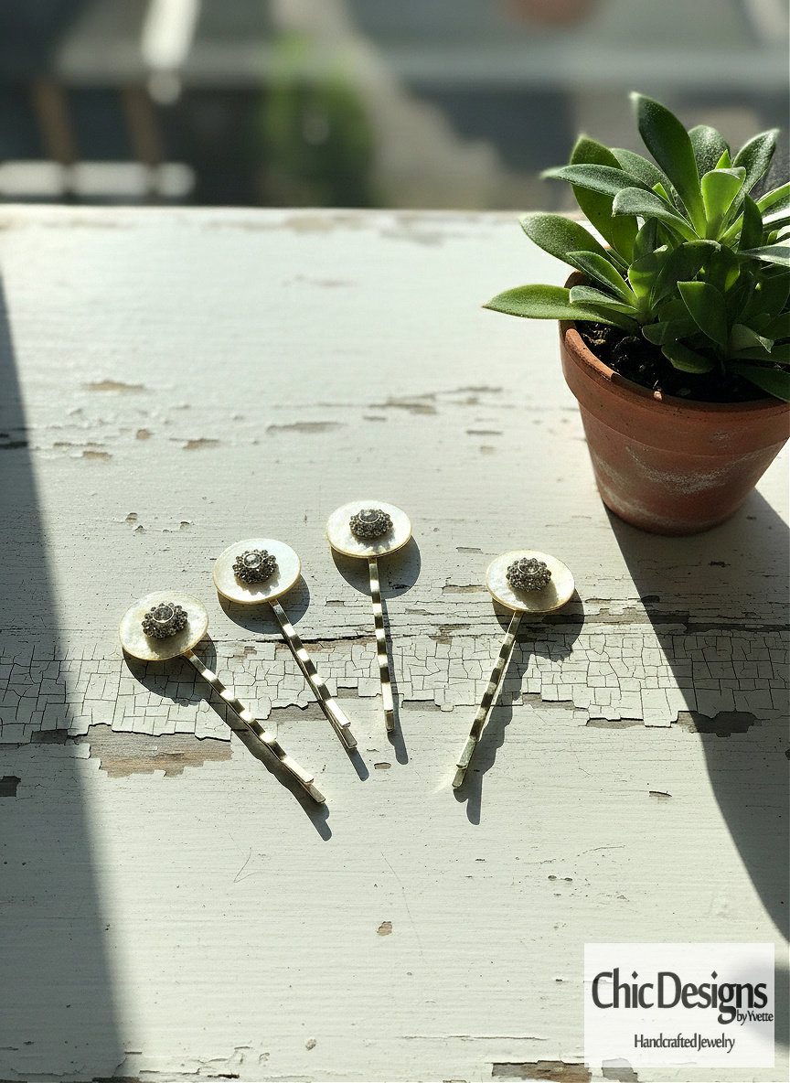 Elegant Mother of Pearl Hair Pins with Rhinestone Accents | Set of 4