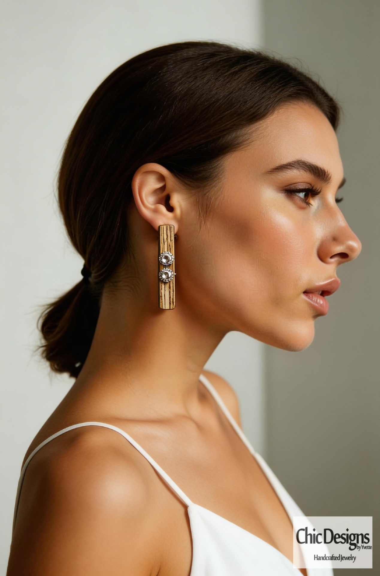 White Beige and Gray Wooden Bar and Smokey Gray Swarovski Rhinestone Earrings 