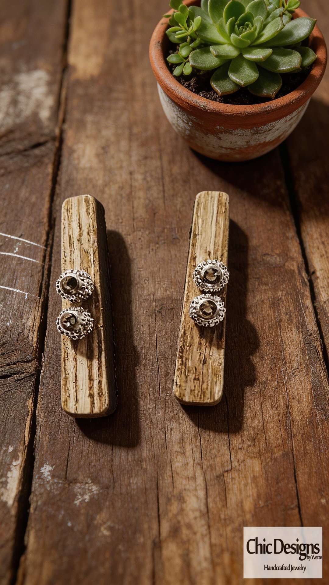 White Beige and Gray Wooden Bar and Smokey Gray Swarovski Rhinestone Earrings 