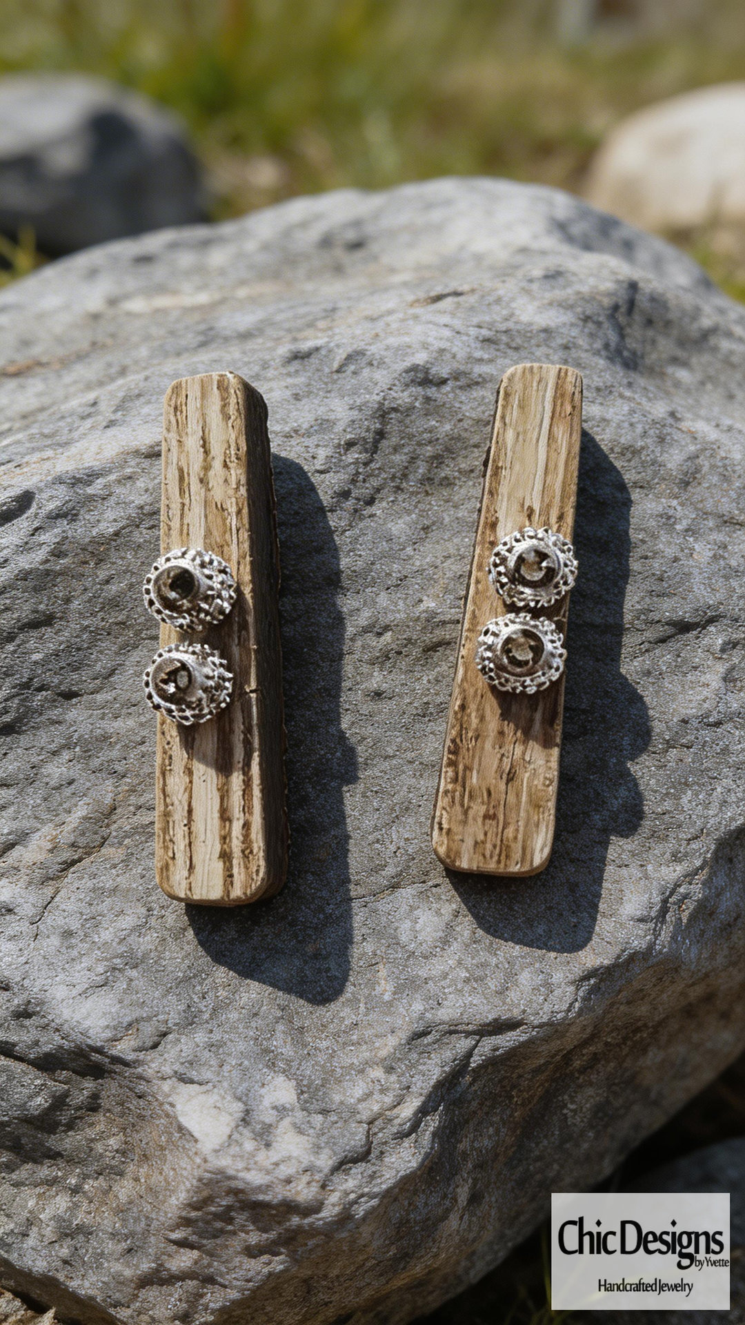 White Beige and Gray Wooden Bar and Smokey Gray Swarovski Rhinestone Earrings 