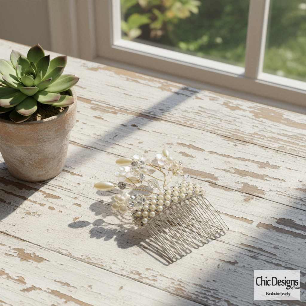 White Pearl Flower Vine and Crystal Rhinestone Hair Comb
