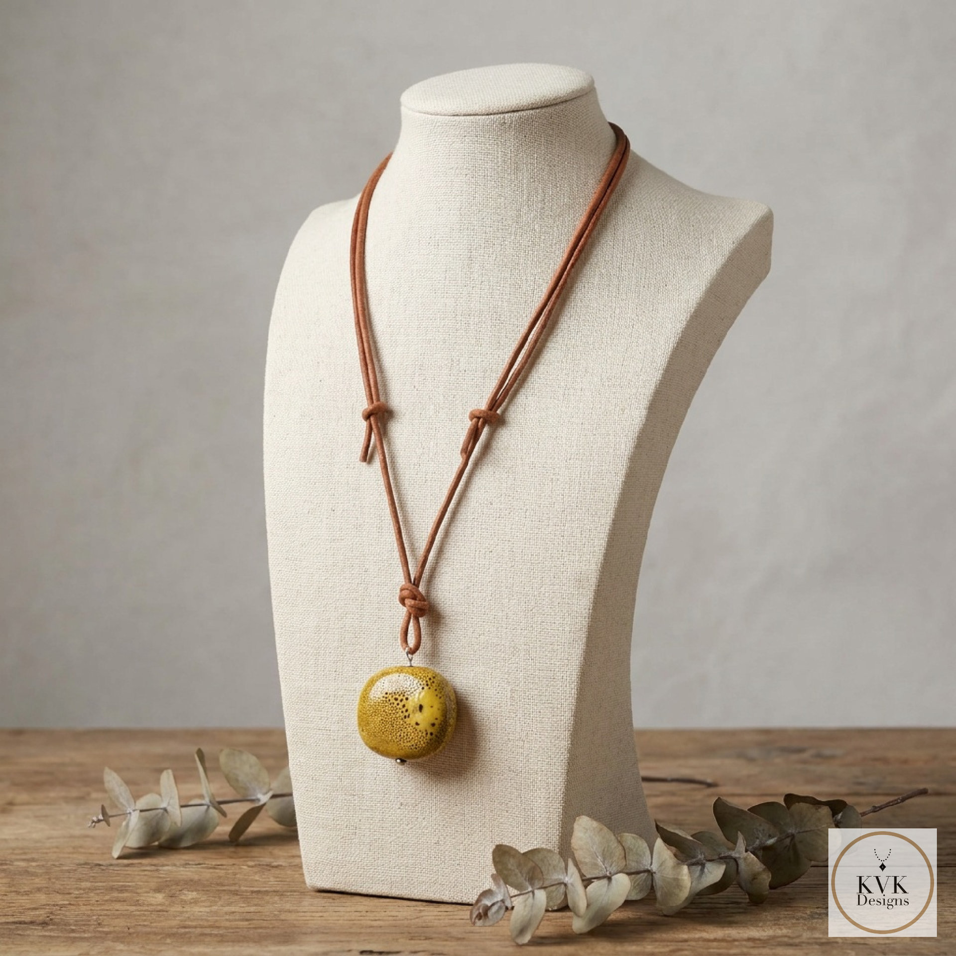 Adjustable 30" Tan Leather and Ceramic Bead Necklace - Boho Chic Statement Pendant