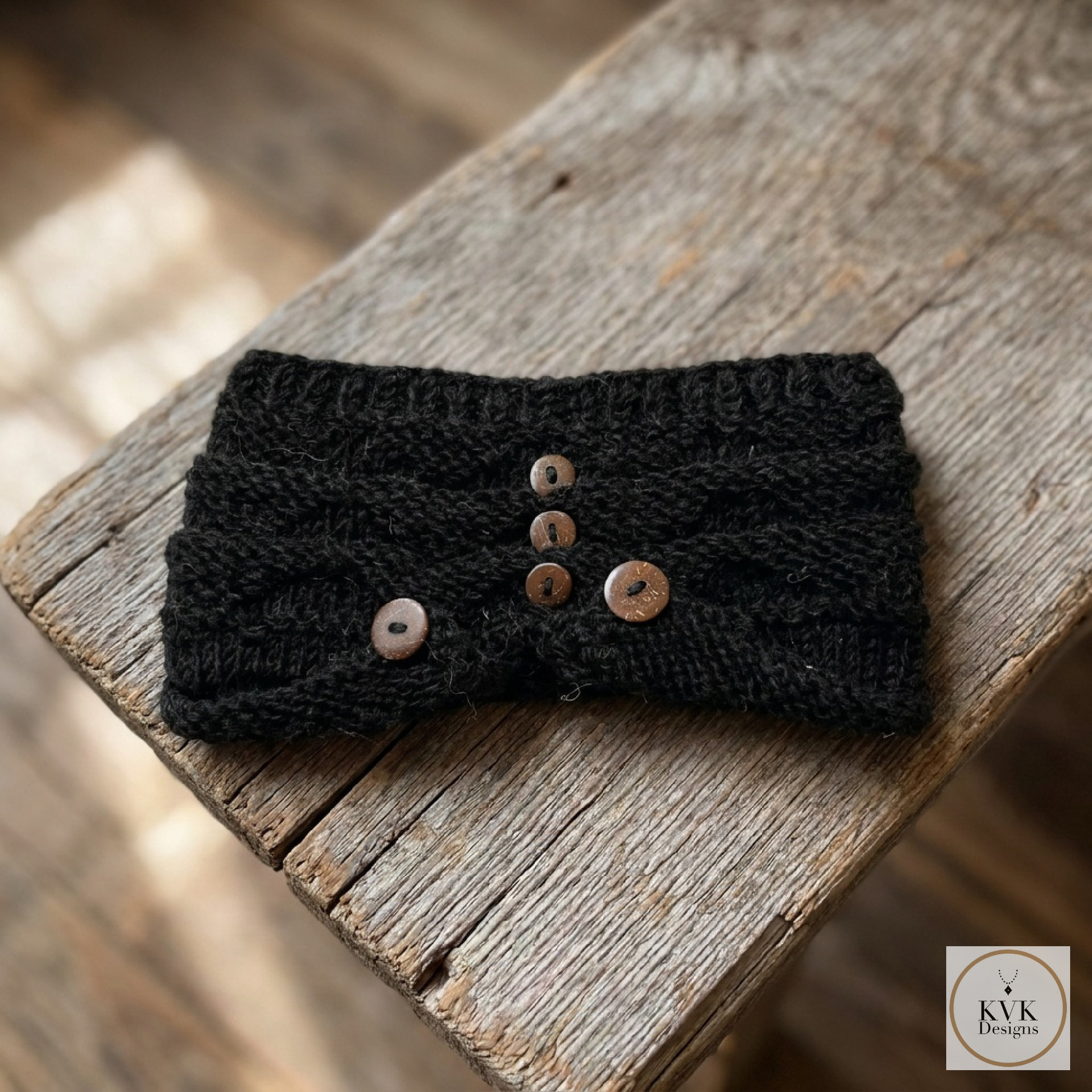 Hand-Knit Black Wool Headband with Buttons - Cozy Ear Warmer for Women