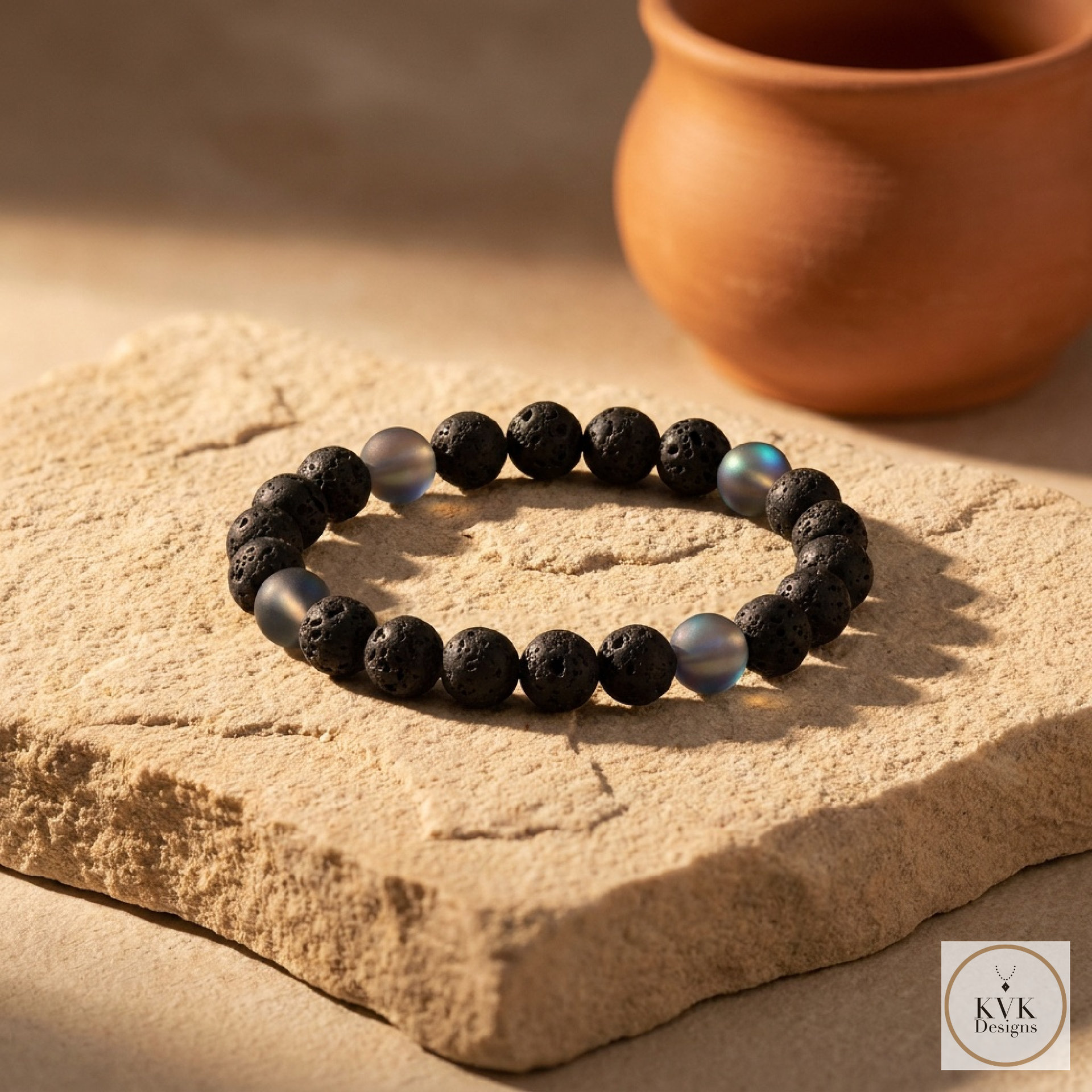 Men's Black Lava and Glass Bead Stretch Bracelet